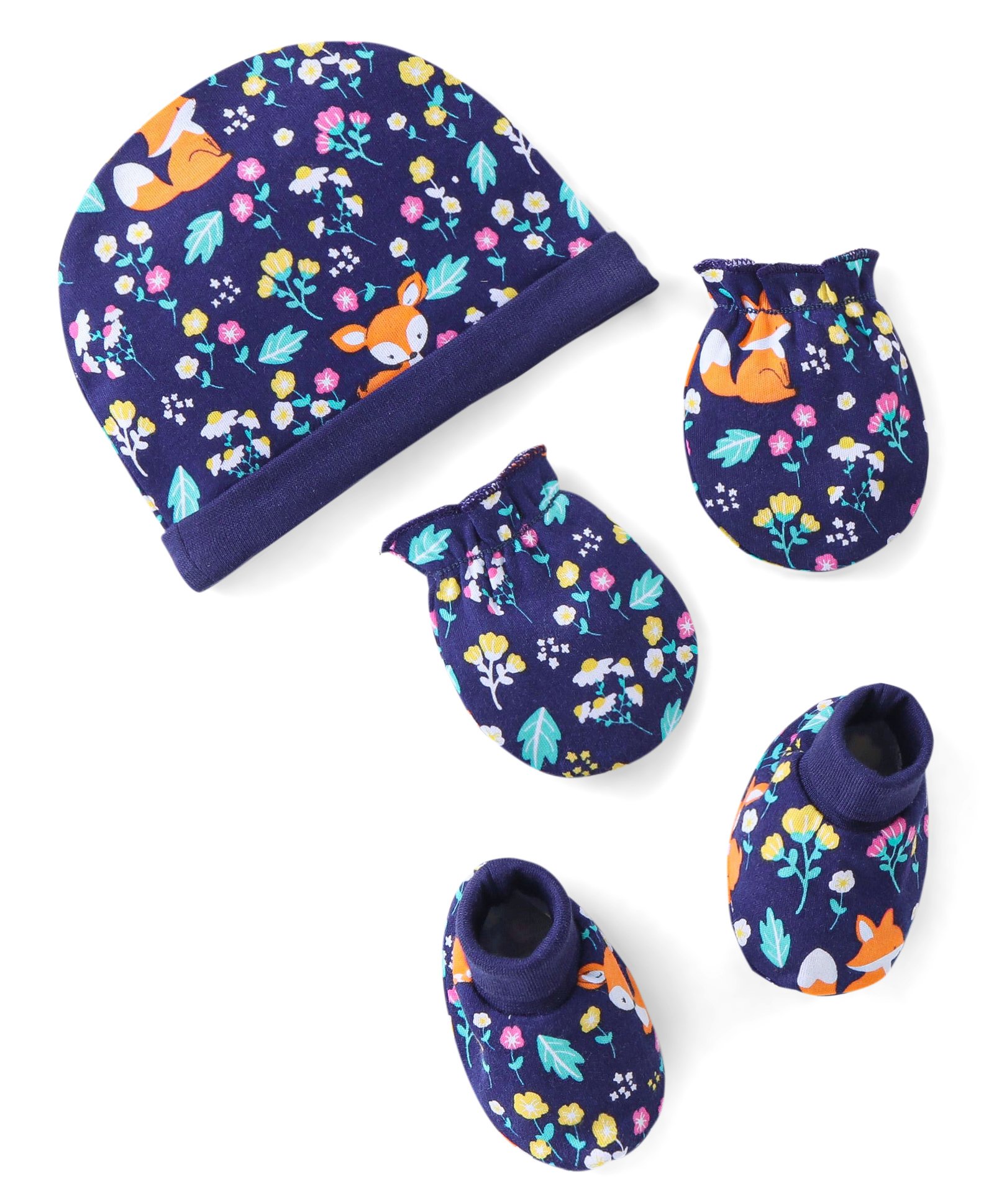 Babyhug 100% Cotton Knitted Cap Mittens & Booties with Floral and Animal Print- Blue-image-41