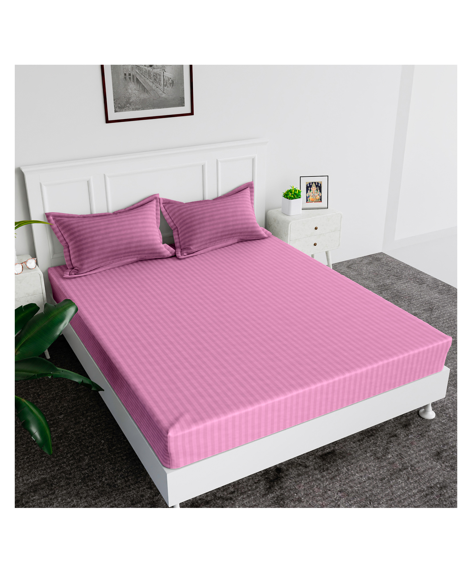 Kuber Industries Double Bedsheet with 2 Pillow Covers 144 TC Glace Cotton Bedsheet Satin Striped Bedsheet for Home Hotel Bedroom 90x100 Inch Pink-picture-11