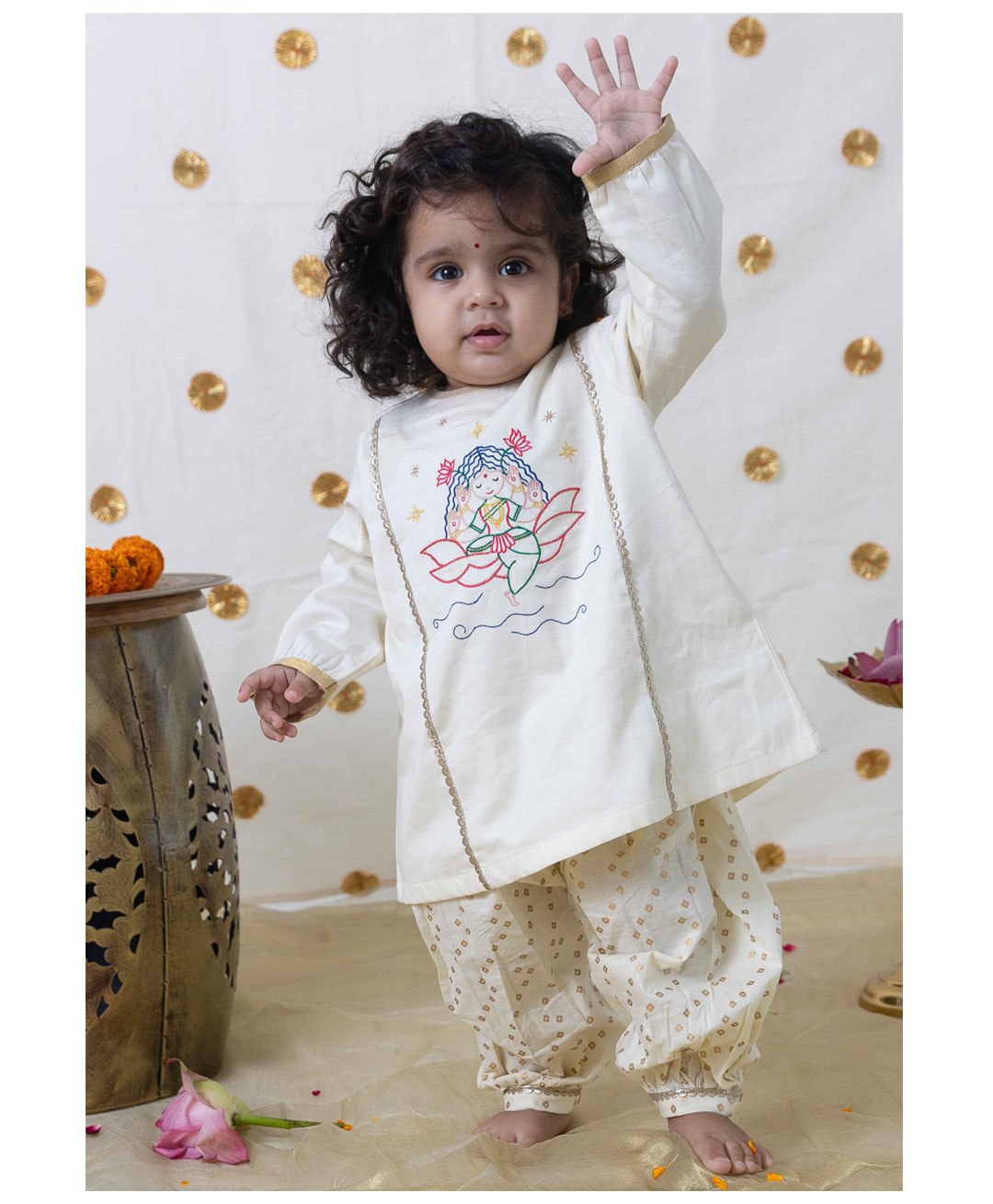 Tiber Taber Premium Cotton  Full Sleeves Baby  Lakshmi Embroidered & Gota Lace Embellished Kurta & Bandhej Printed Salwar Suit Set - Cream-image-34