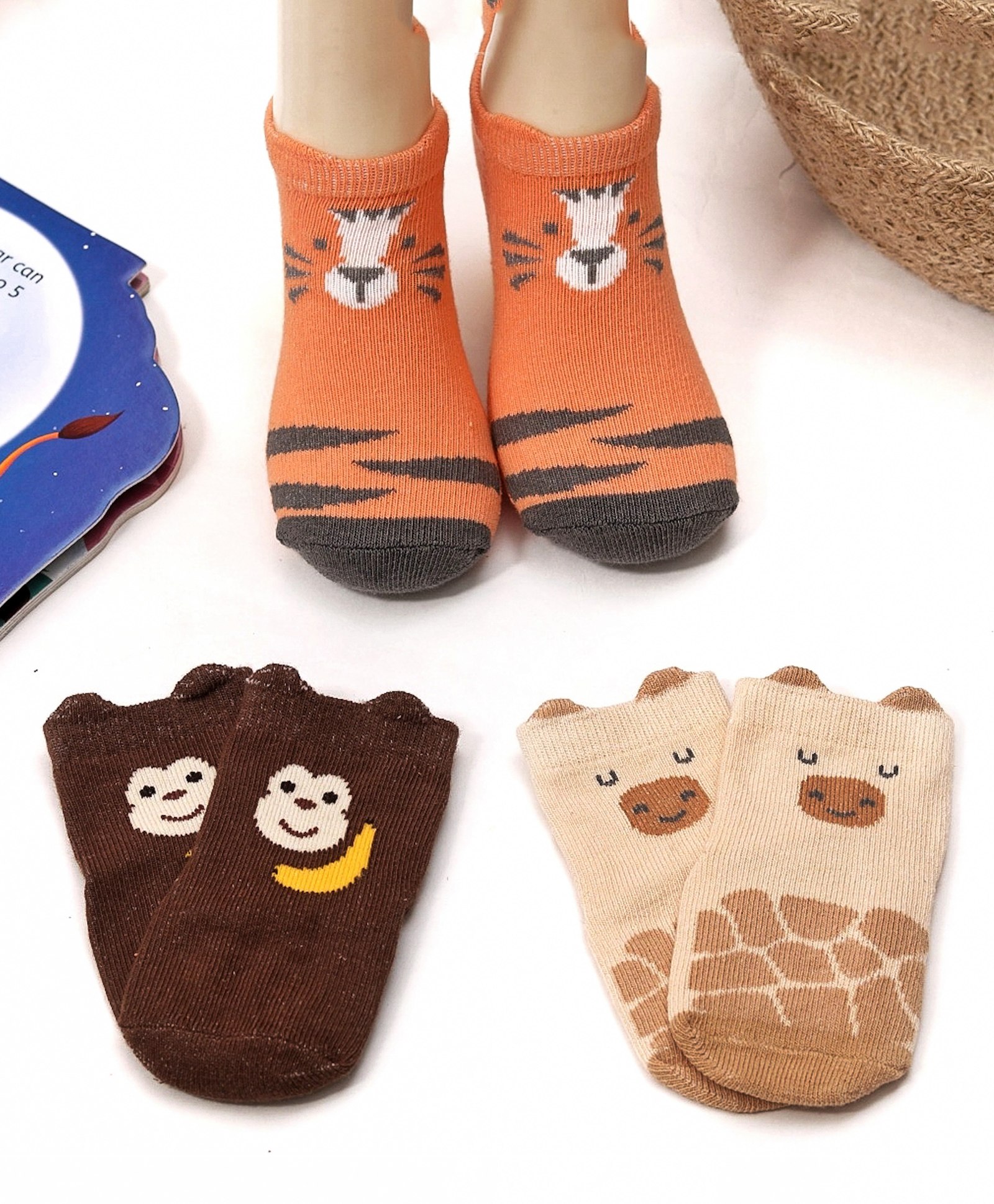 Yellow Bee Pack Of 3 Animal Printed Anti Skid Socks - Orange Beige & Brown-picture-47