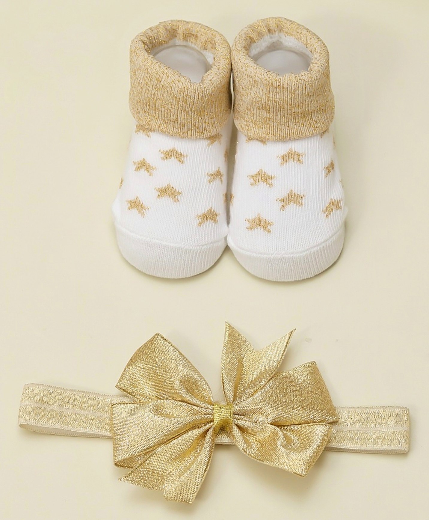 Yellow Bee Stars Printed Socks With Bow Applique Detailed Headband -  White And Golden-image-44