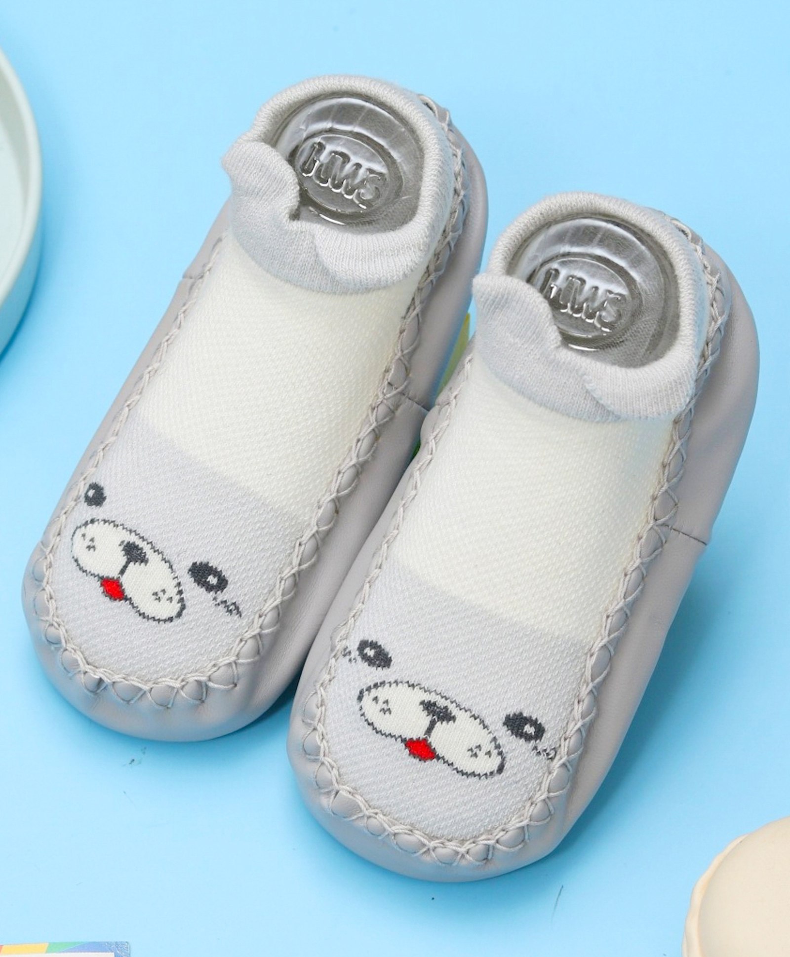 Yellow Bee Puppy Face Printed Anti Skid Leather  Sock Shoes  - Grey And White-picture-24