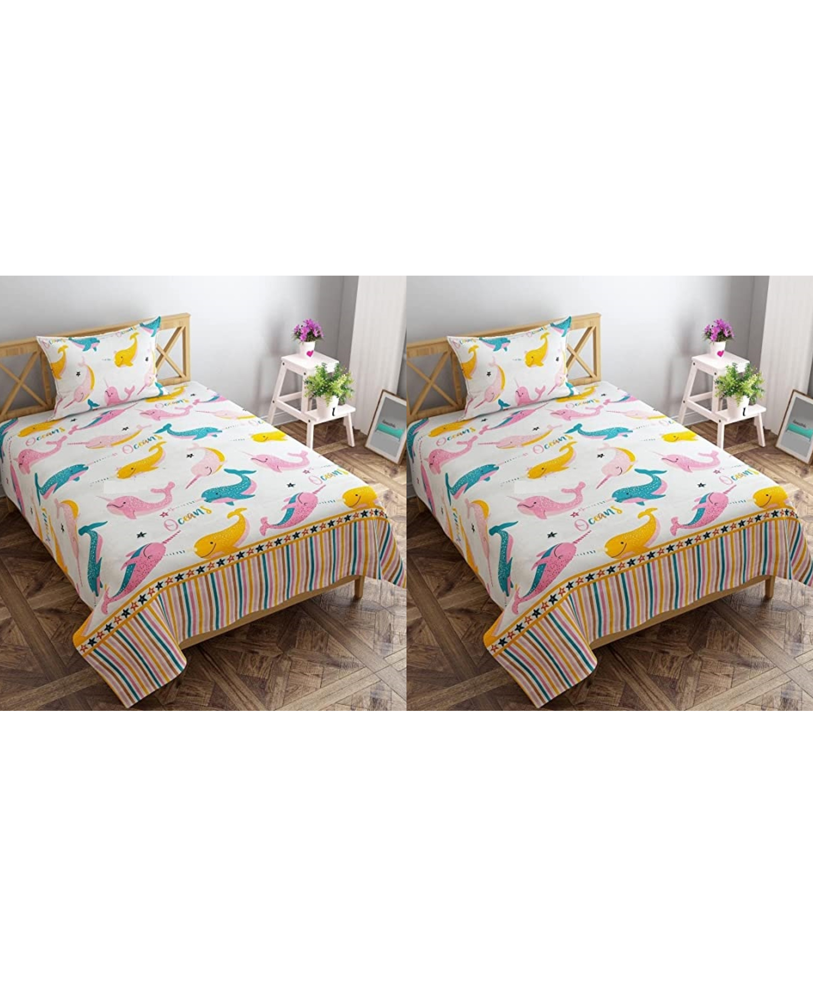 RRC Super Soft Brushed Microfiber Cotton Cartoon Printed Single Bedsheet With 1 Pillow Cover White-image-49