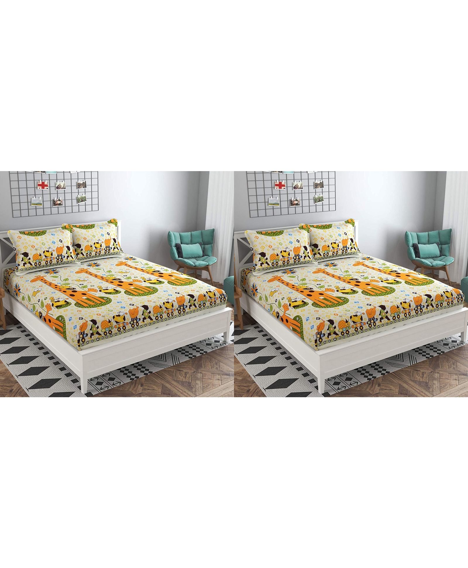 RRC Super Soft Brushed Microfiber Cotton Cartoon Printed 2 Double Bedsheet With 4 Pillow Cover- Yellow-picture-25
