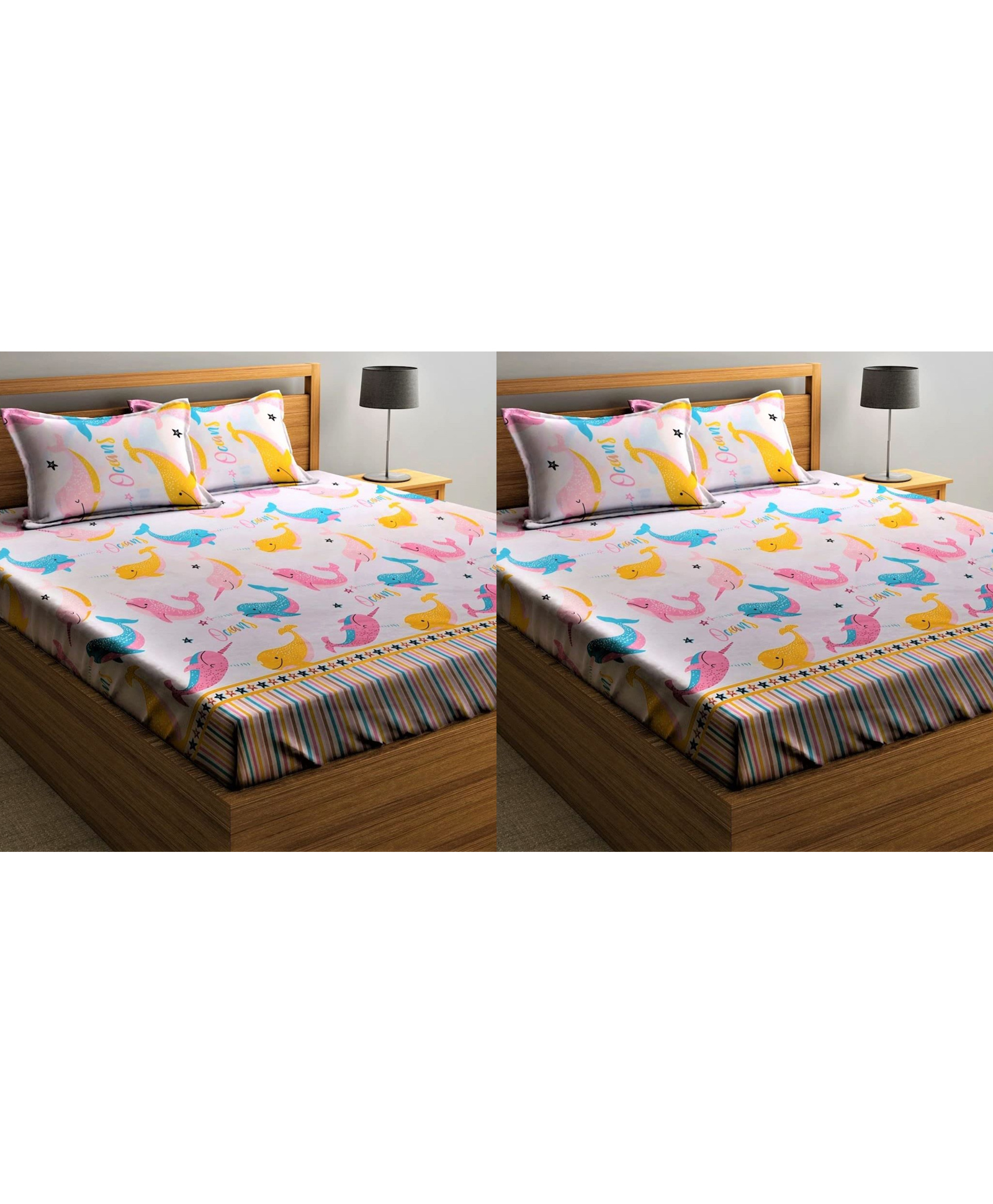 RRC Super Soft Brushed Microfiber Cotton Cartoon Printed 2 Double Bedsheet With 4 Pillow Cover- White-picture-24