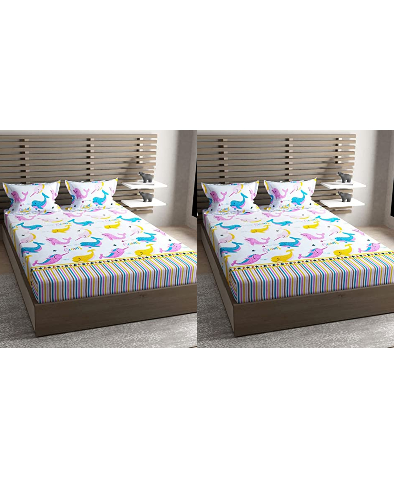 RRC Super Soft Brushed Microfiber Cotton Cartoon Printed 2 Double Bedsheet With 4 Pillow Cover- White-image-42