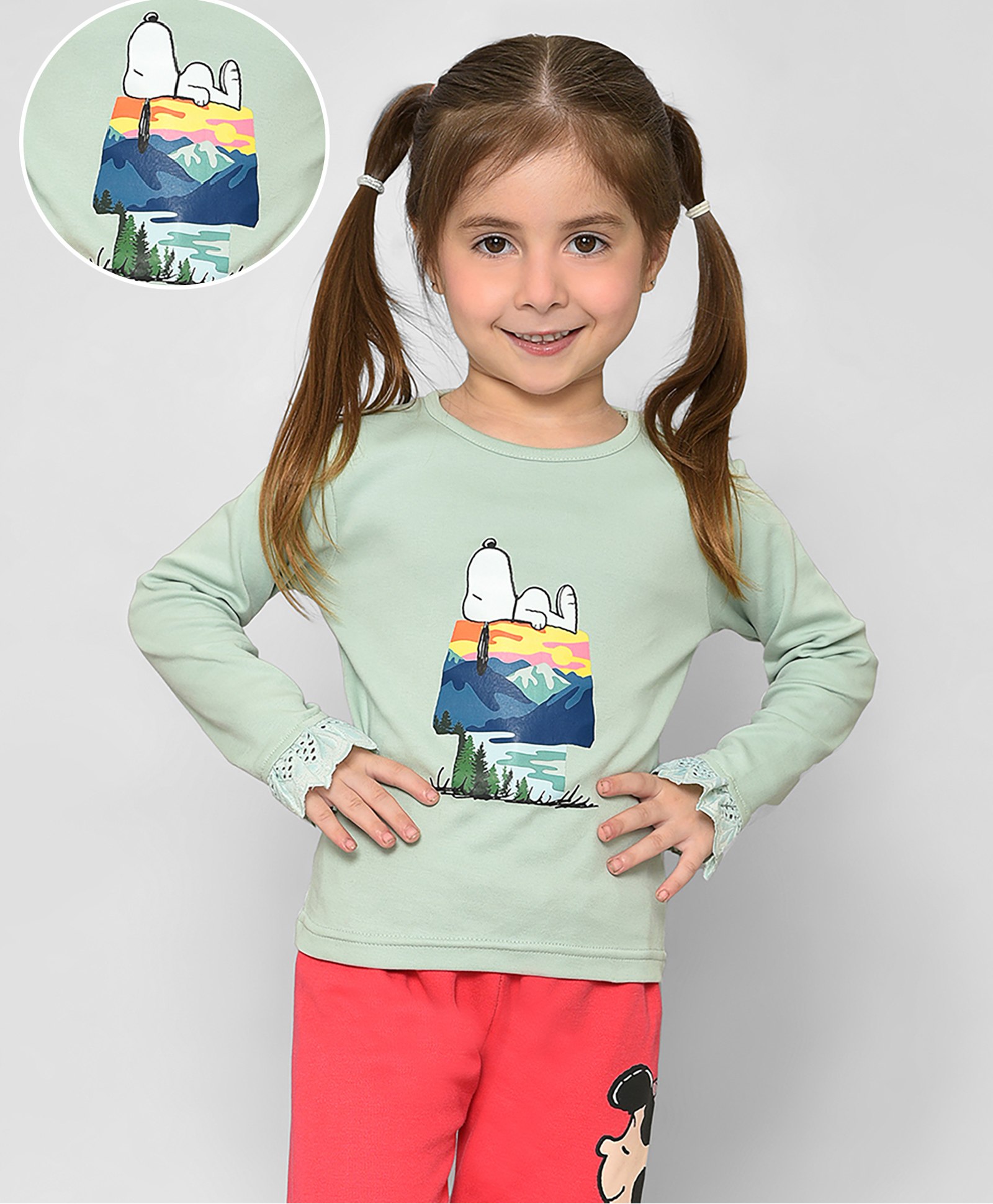 Mi Arcus Peanuts Featuring 100% Cotton Full Sleeves Frill Lace Embellished & Snoopy Printed All Weather Tee - Green-picture-35