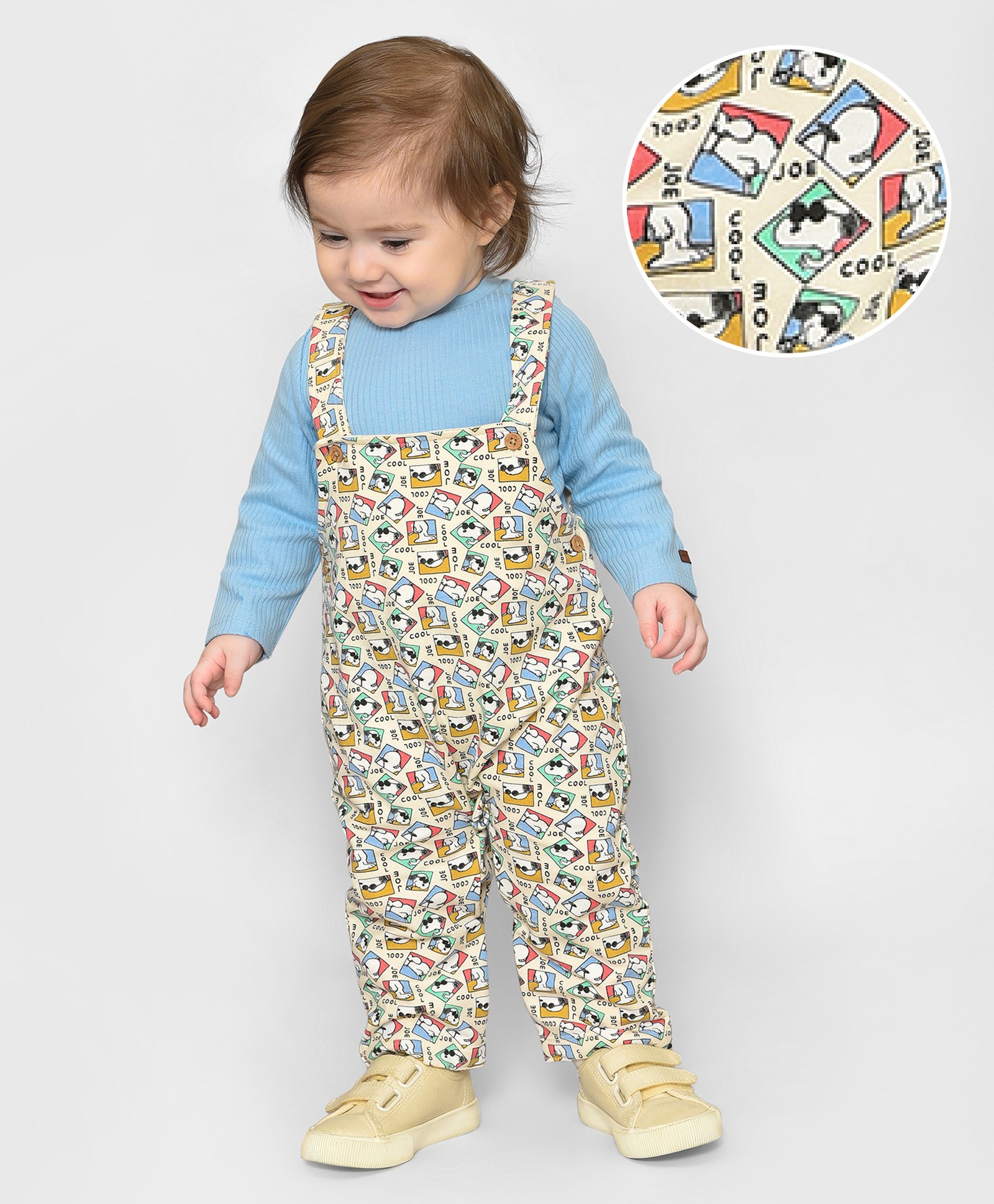 Mi Arcus Peanuts 96% Cotton 4% Elastane Full Sleeves Solid Onesie With Seamless Snoopy Doodle Art Printed Dungaree - Mu;ti Colour-image-33