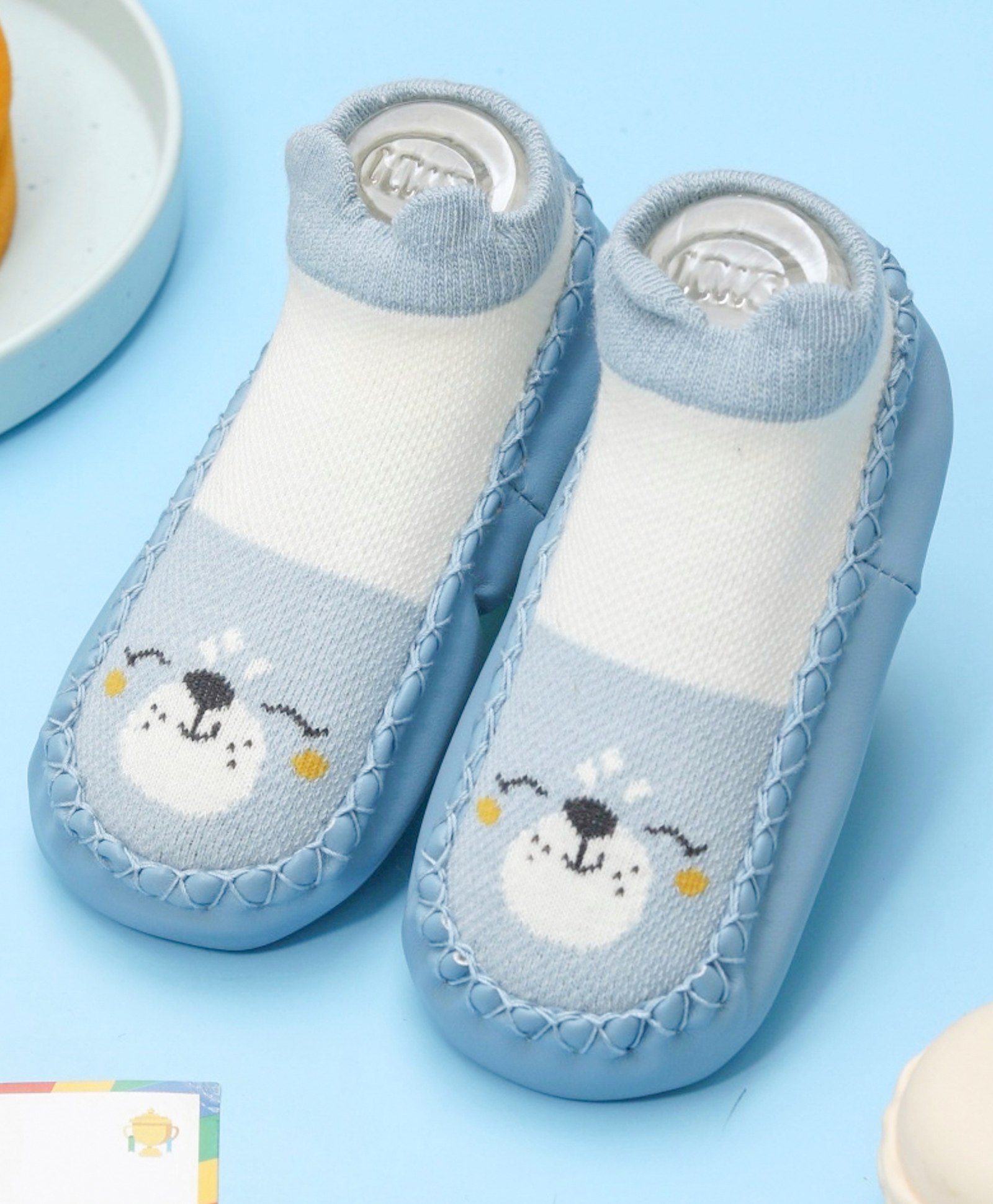 Yellow Bee Puppy Face Printed Anti Skid Leather Sock Shoes - Blue And White-picture-13