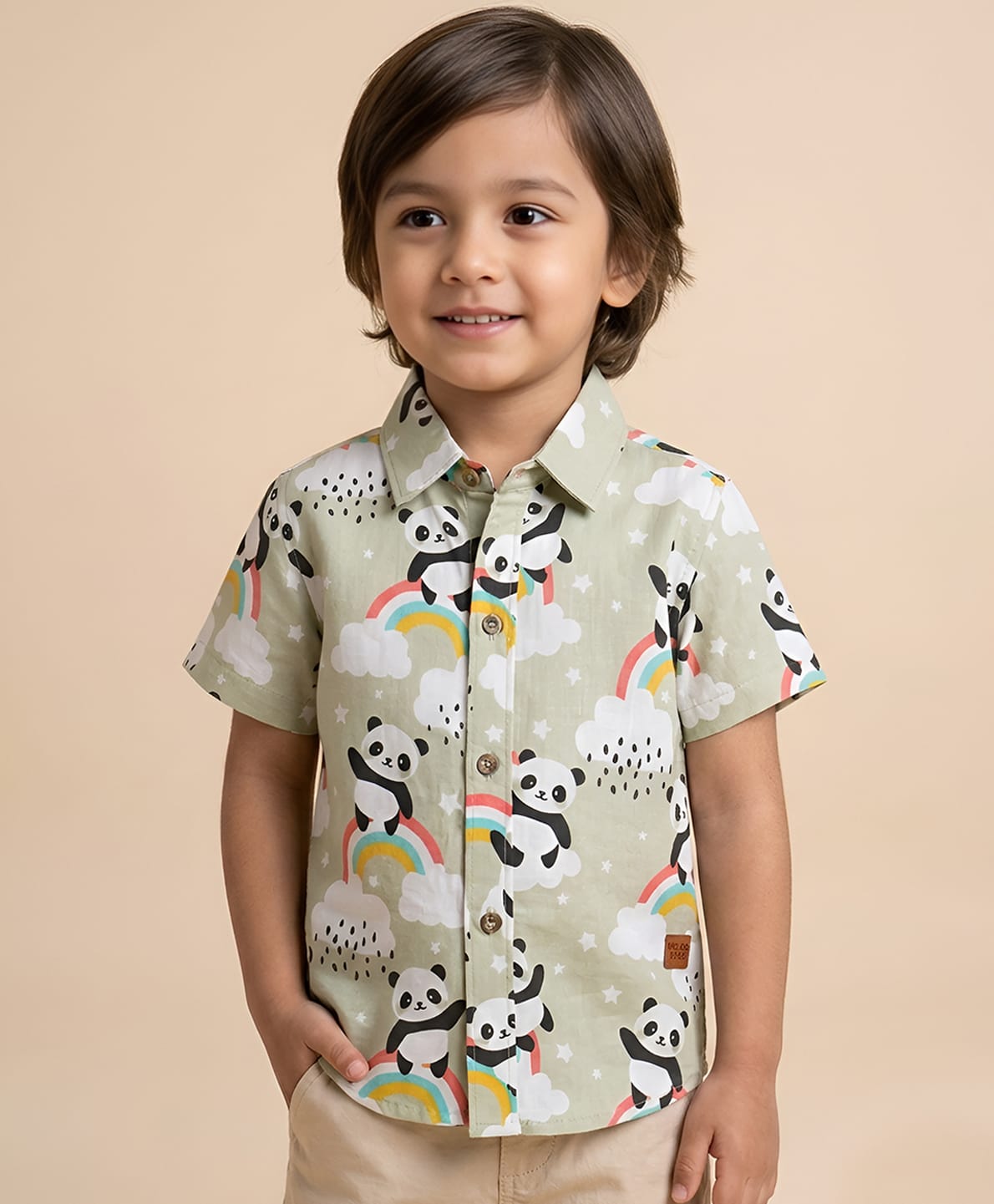 Polka Tots Half Sleeves Rainbow With Cloud And Panda Printed Shirt - Cream-image-41