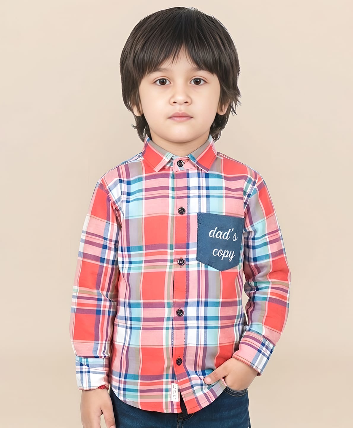 Polka Tots  Full Sleeves Tartan Checks Shirt - Coral Pink-picture-13