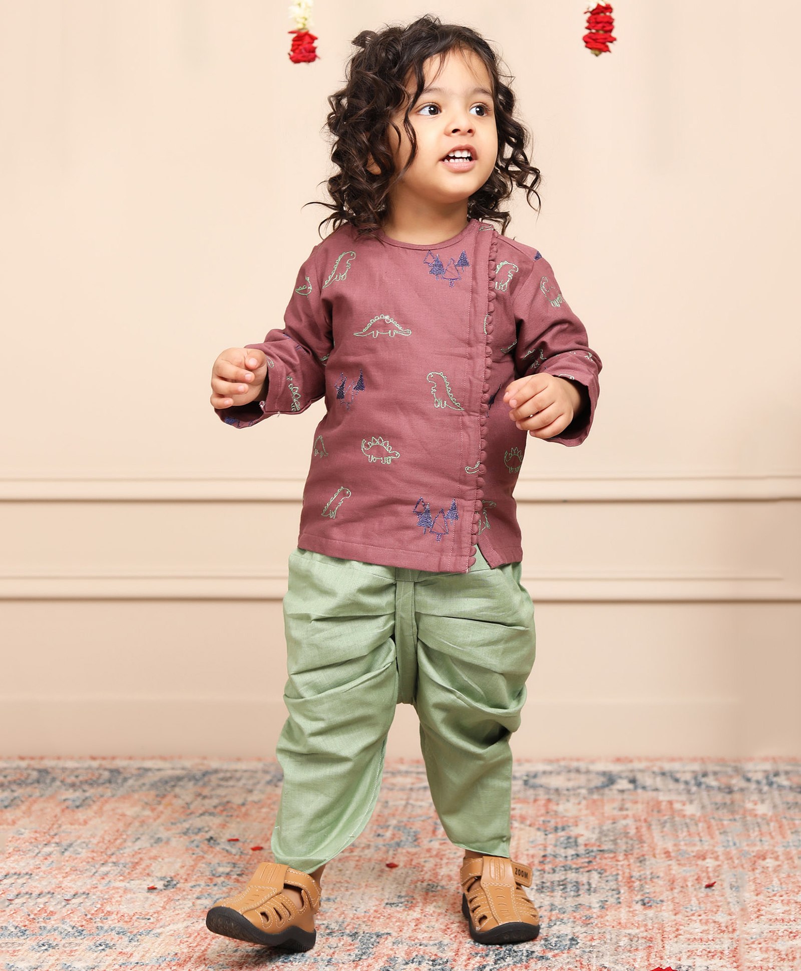 Polka Tots Full Sleeves Dinosaur Embroidered  Angrakha Style  Kurta With Dhoti - Pink-image-19