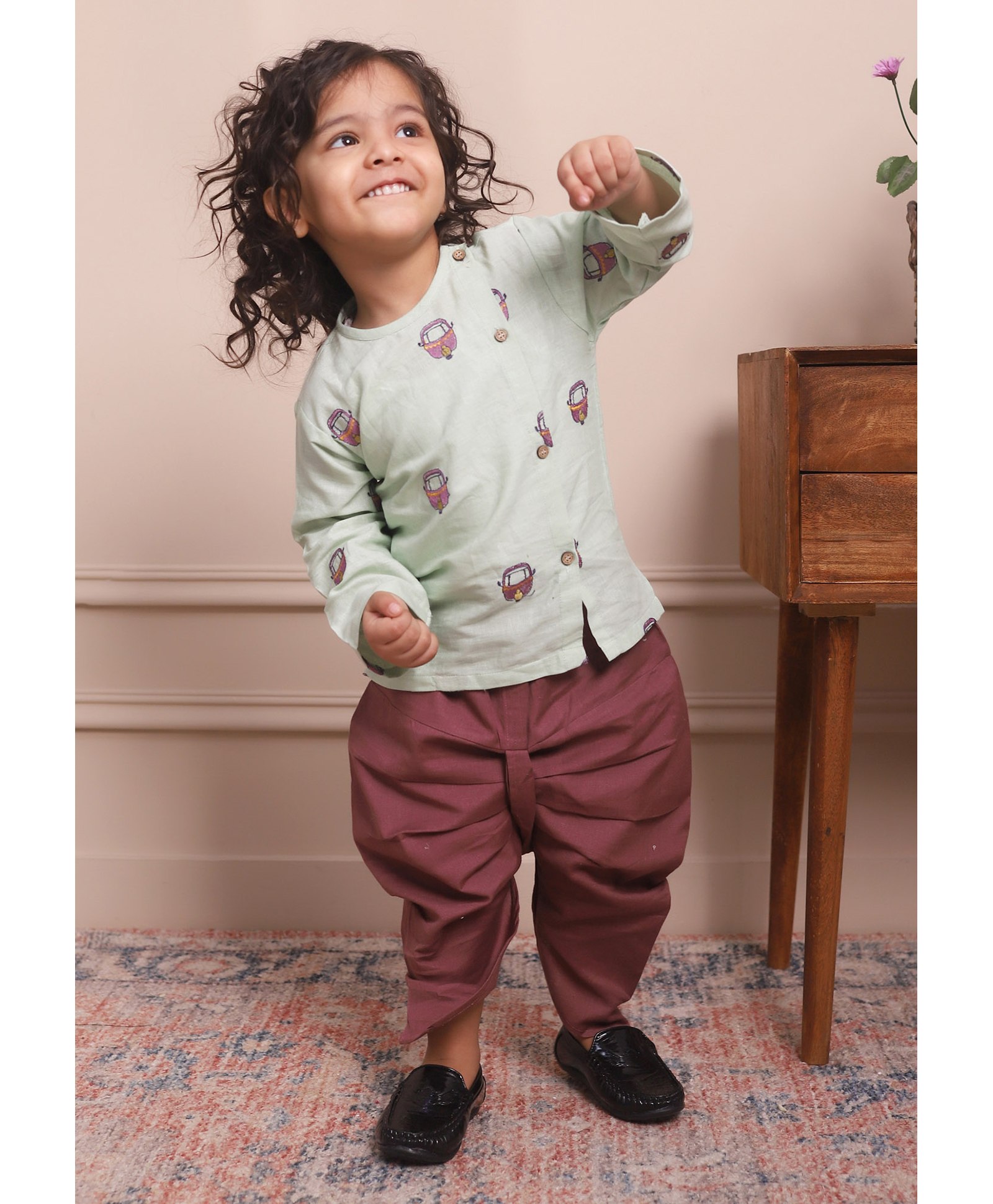 Polka Tots Full Sleeves Rickshaw Printed  Angrakha Style Kurta  With Solid Dhoti - Green-picture-29