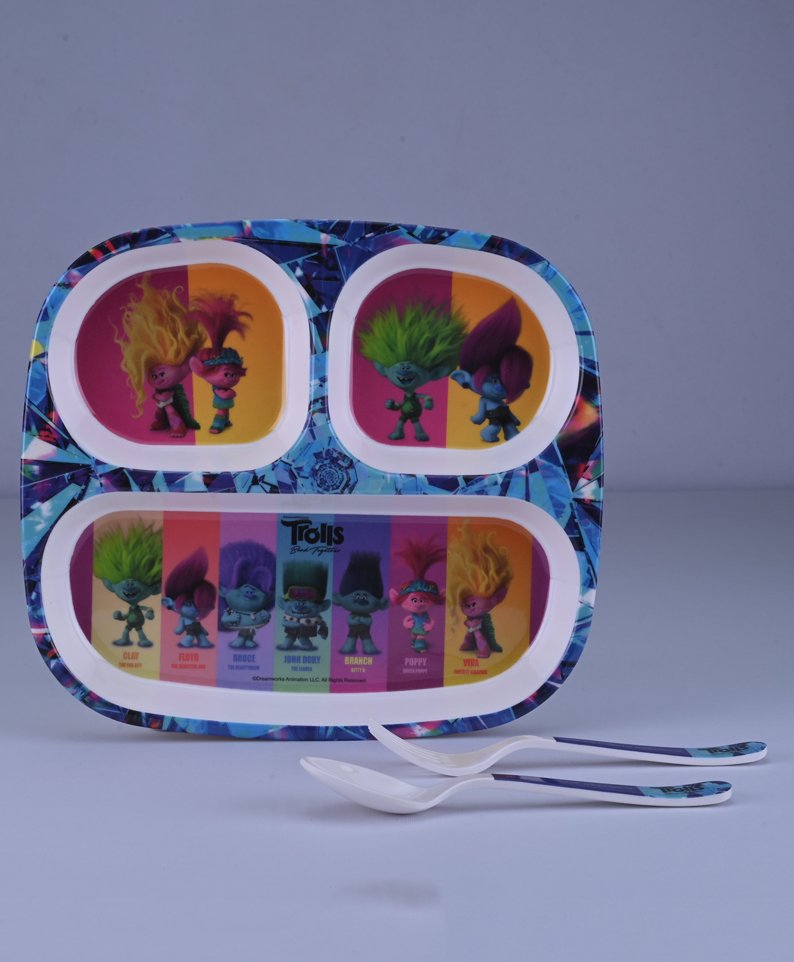 Servewell Trolls Theme 3 Section Rectangular Plate with Fork & Spoon - Multicolor-image-5