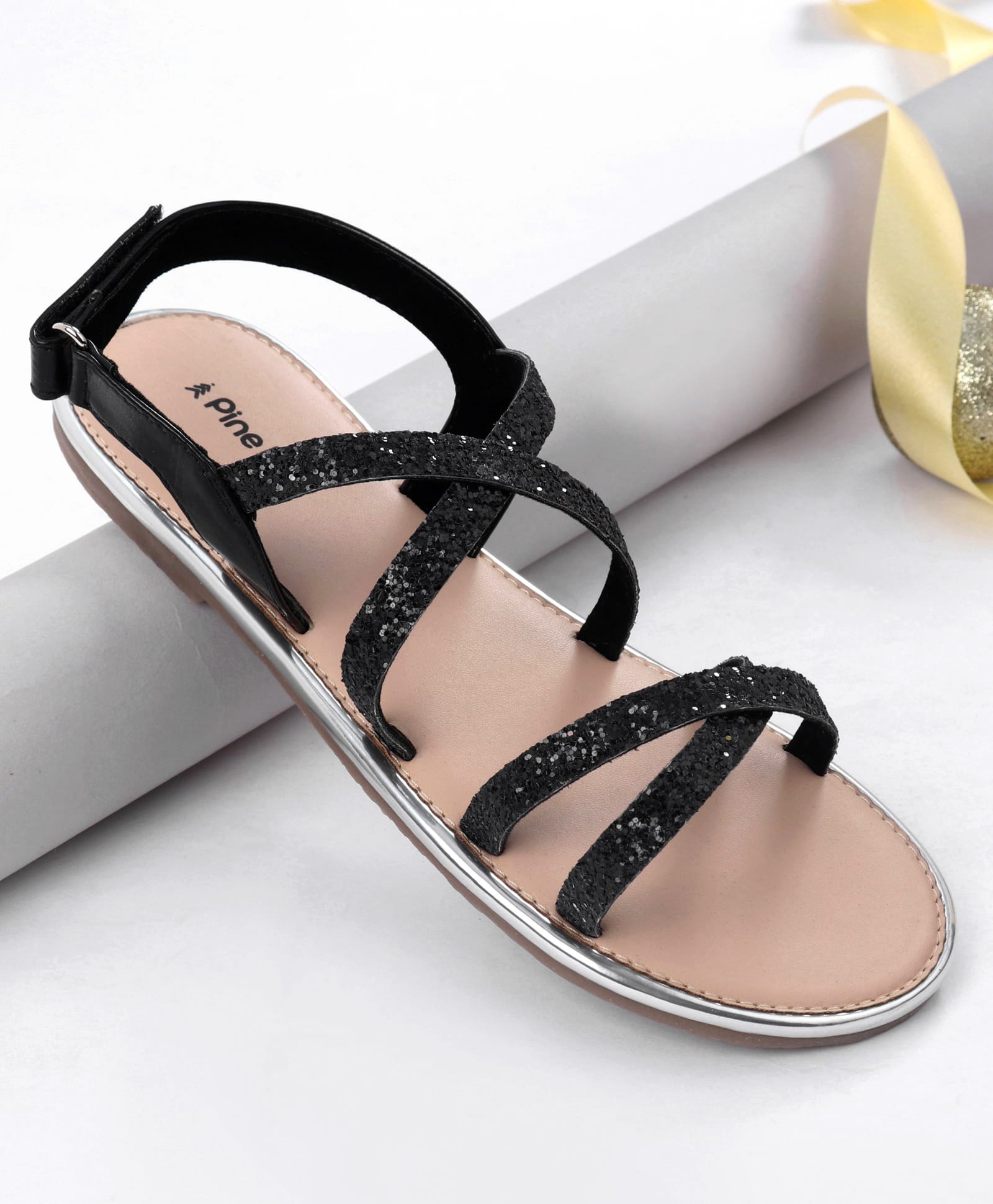 Pine Kids Shimmered Party wear Sandals with Velcro Closure- Black-picture-30