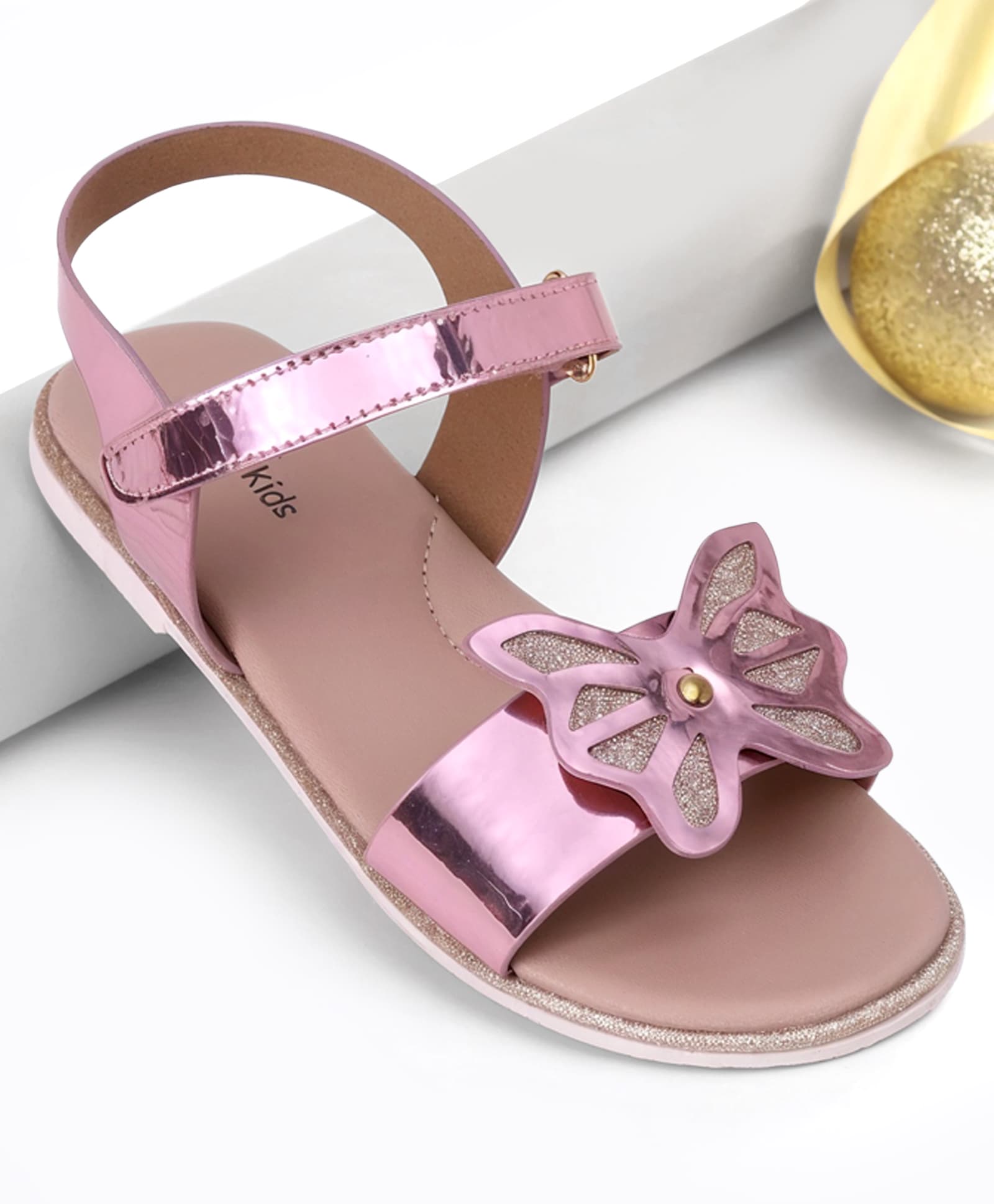 Pine Kids Sandals with Velcro Closure and Butterfly Applique- Pink-picture-15