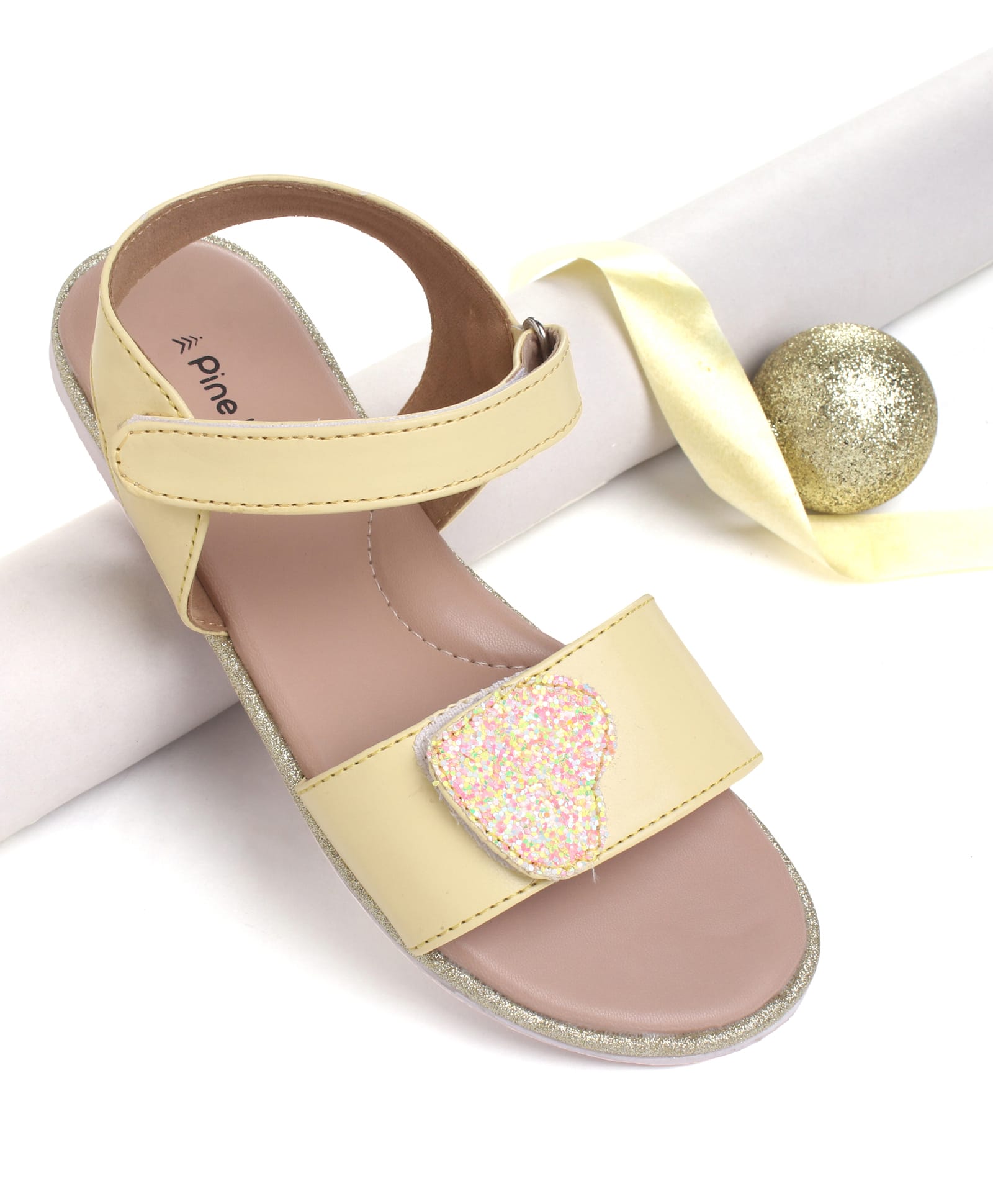 Pine Kids Sandals with Velcro Closure and Heart Applique- Yellow-picture-12