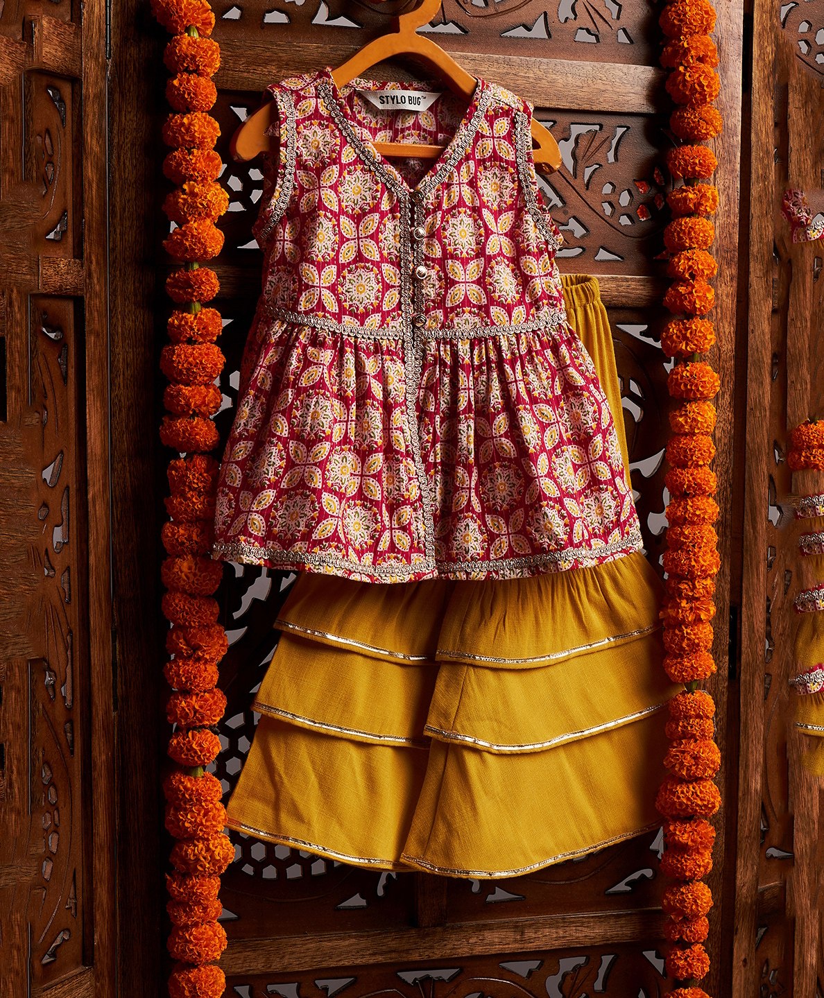 Stylo Bug Sleeveless Pin Striped Designed & Ethnic Floral Printed With Lace Embellished Layered Sharara Set - Red & Yellow-image-21