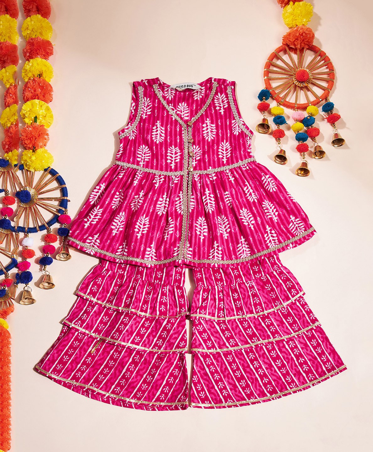 stylobug Stylo Bug Sleeveless Striped Pattern Leaf Motif Printed With Lace Embellished Coordinating Kurta & Sharara Set - Pink-picture-41