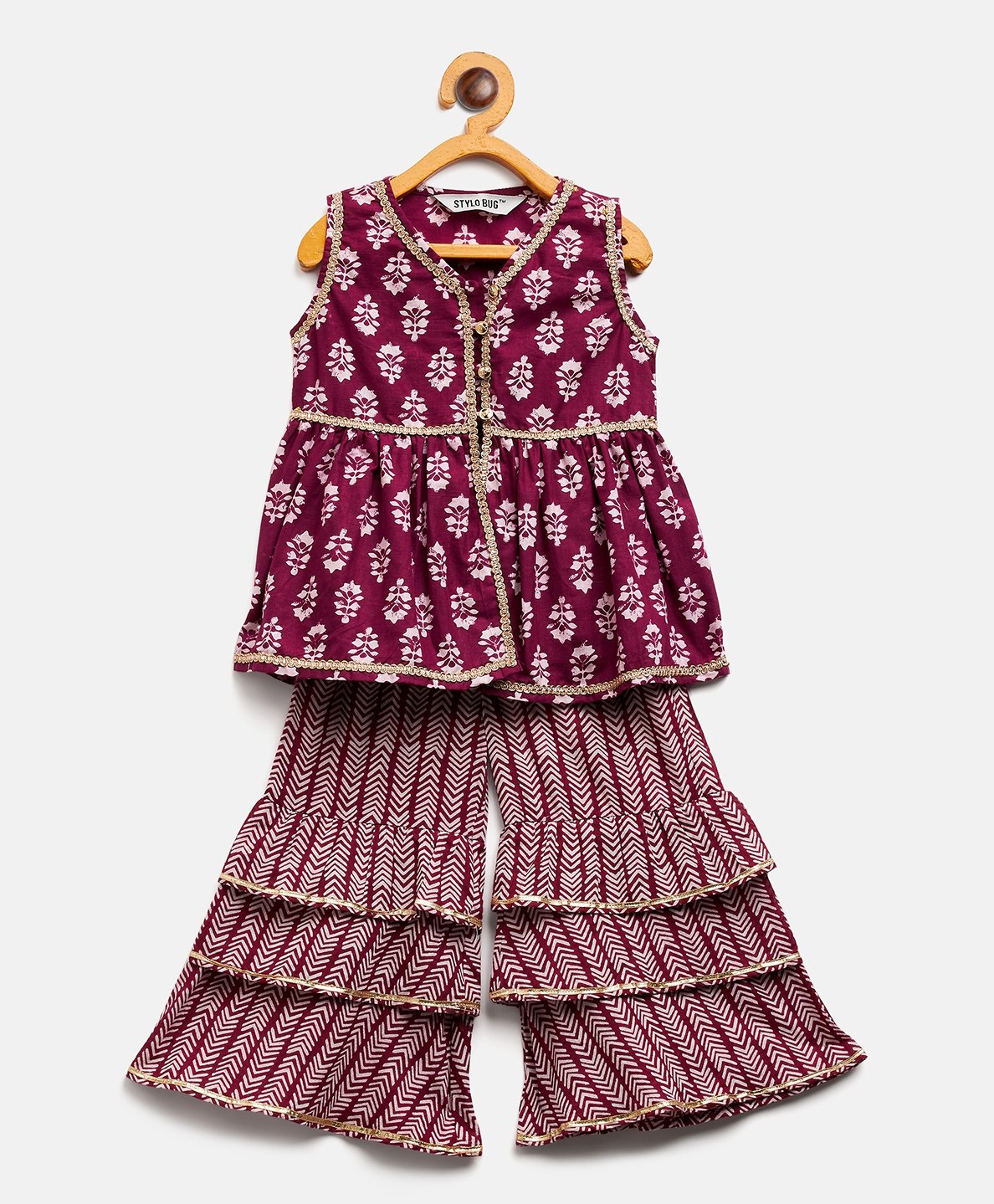 stylobug Stylo Bug Sleeveless Leaf Motif Printed With Lace Embellished Kurta & Arrow Designed Sharara - Purple-picture-6
