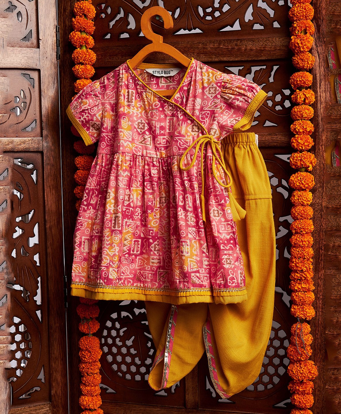 stylobug Stylo Bug Half Sleeves Seamless Vintage Style Batik Printed & Lace Embellished Angrakha Style Kurta With Dhoti - Pink-picture-42