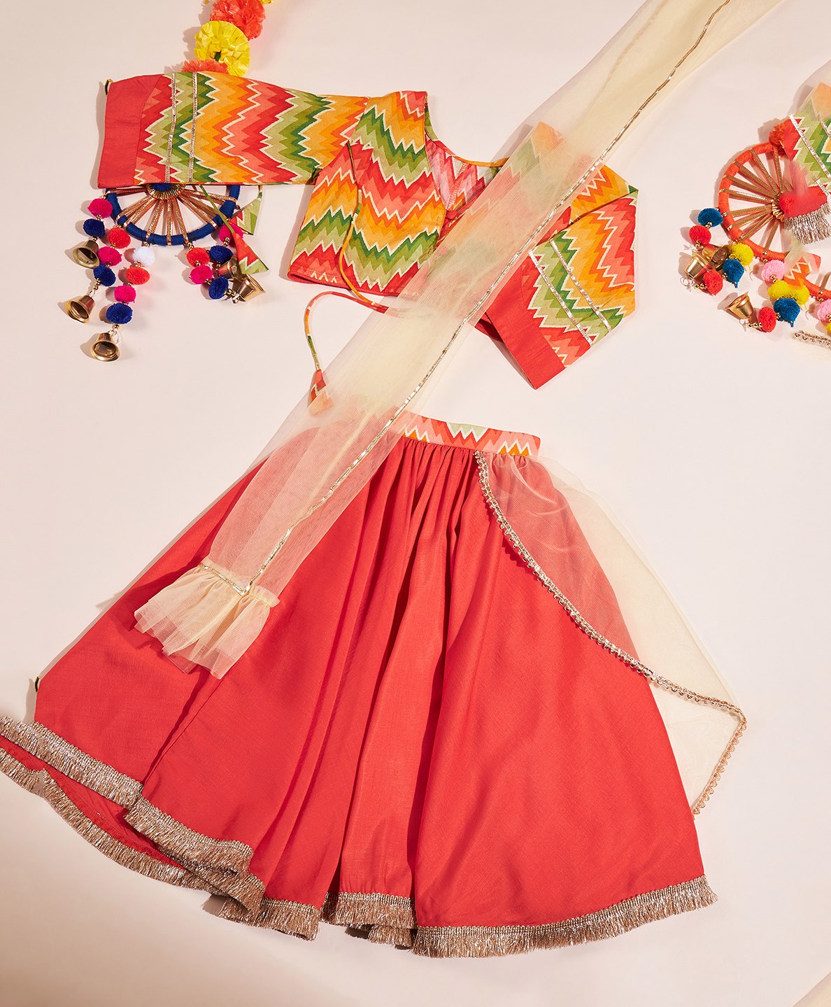 stylobug Stylo Bug Three Fourth Sleeves Abstract Geometric Designed & Gota Lace Embellished Lehenga Choli Set  - Multi Colour-picture-9