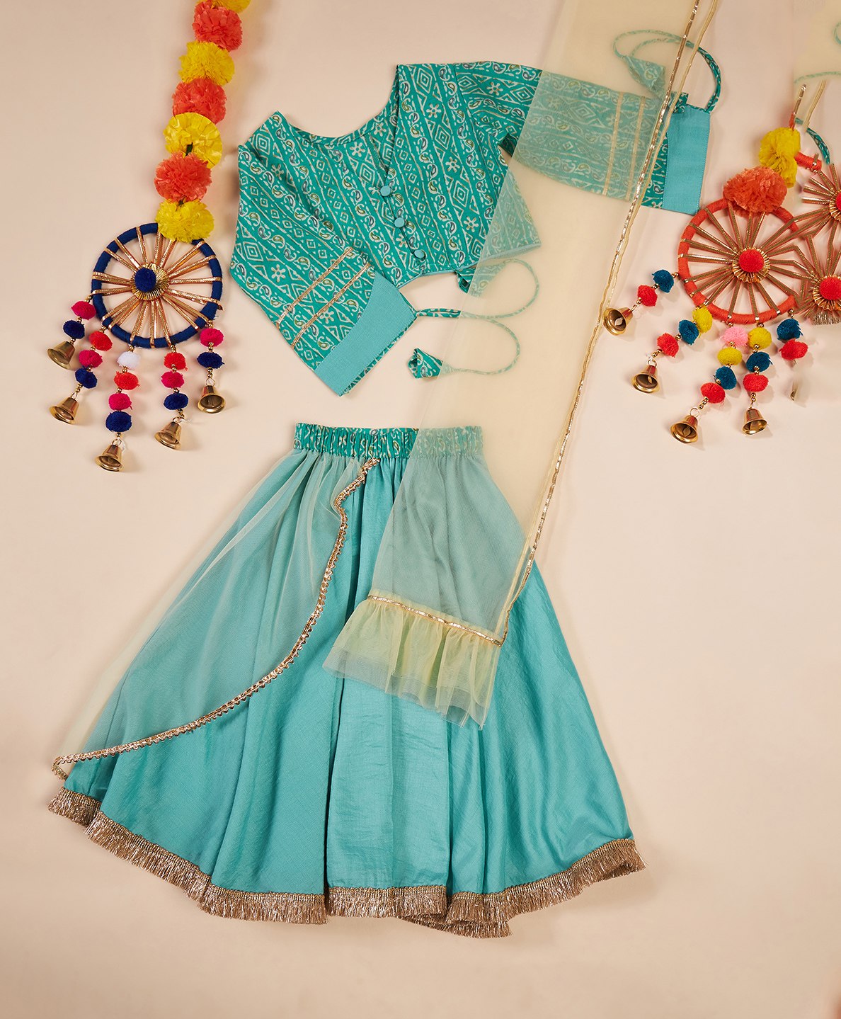 stylobug Stylo Bug Three Fourth Sleeves Paisley Bands  Designed & Gota Lace Embellished Lehenga Choli Set -Cyan-picture-33