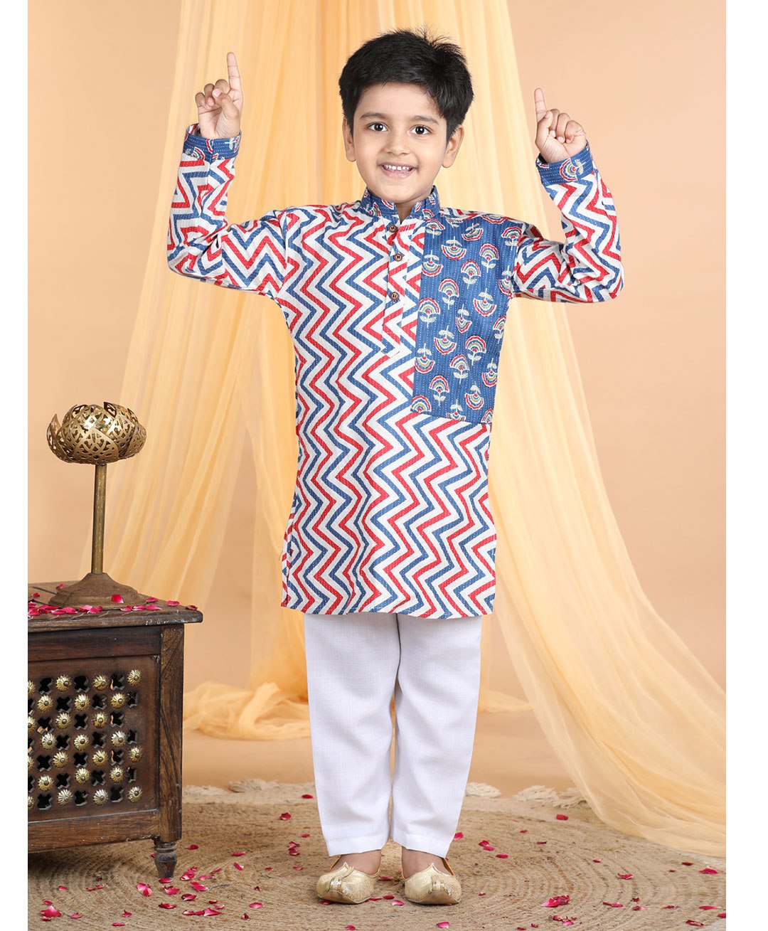Kinder Kids Full Sleeves Chevron Designed & Placement Jaipuri Floral Printed Kurta With Pyjama - Blue-picture-24