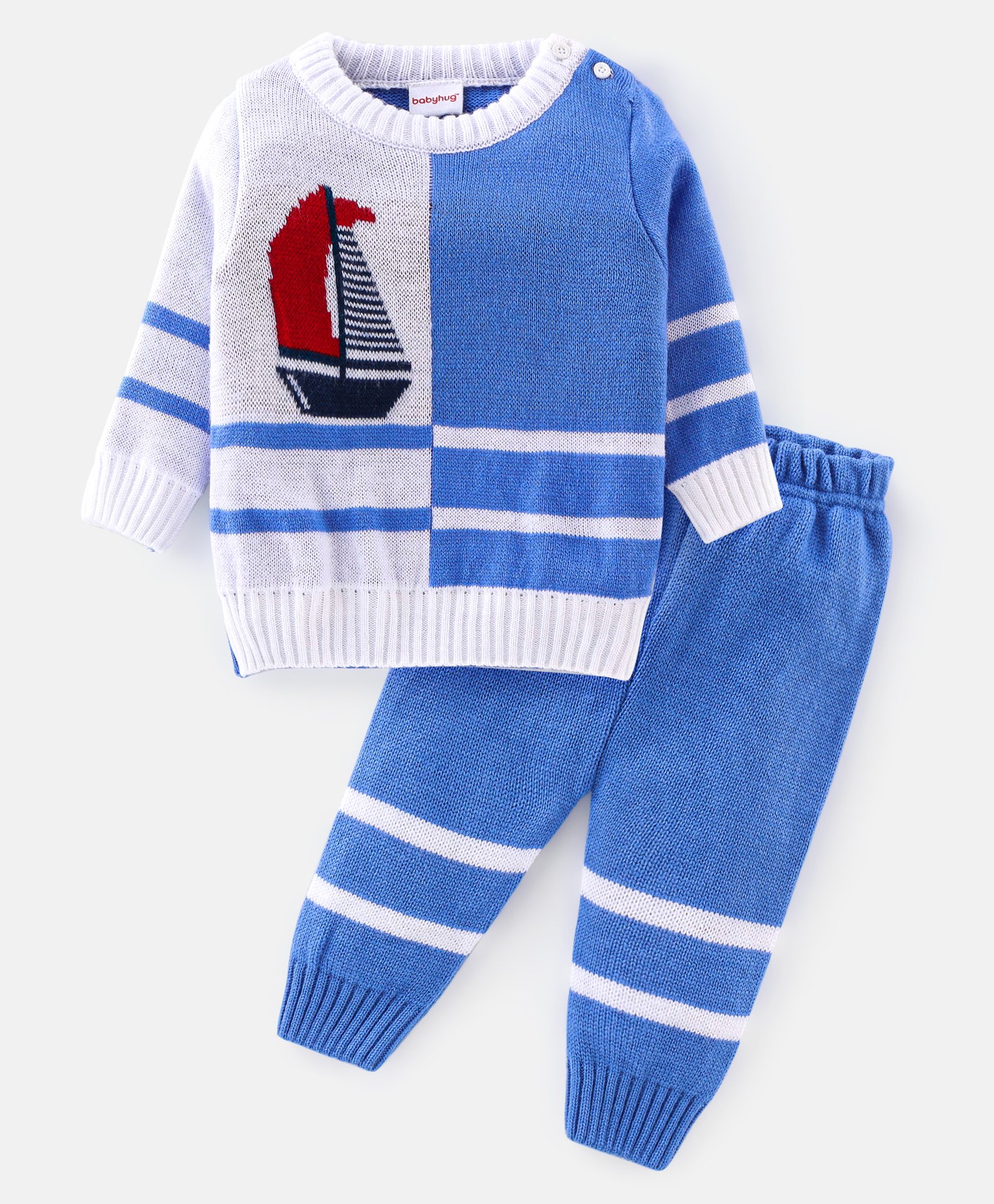 Babyhug Knitted Full Sleeves Sweater  Set With Boat Design - Blue & Grey-picture-32
