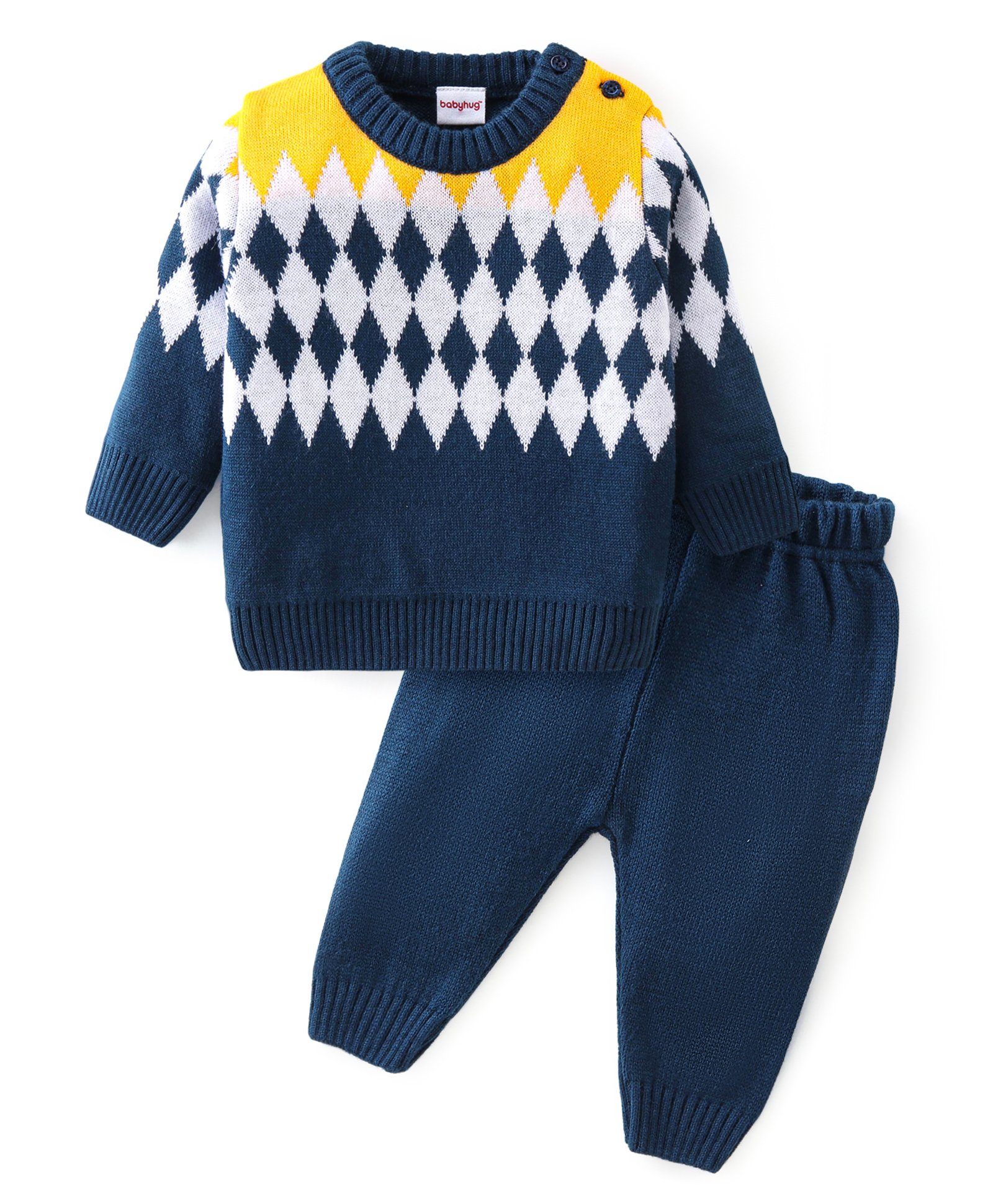 Babyhug Knitted Full Sleeves Sweater Set With Kite Design - Navy Blue & Yellow-image-3
