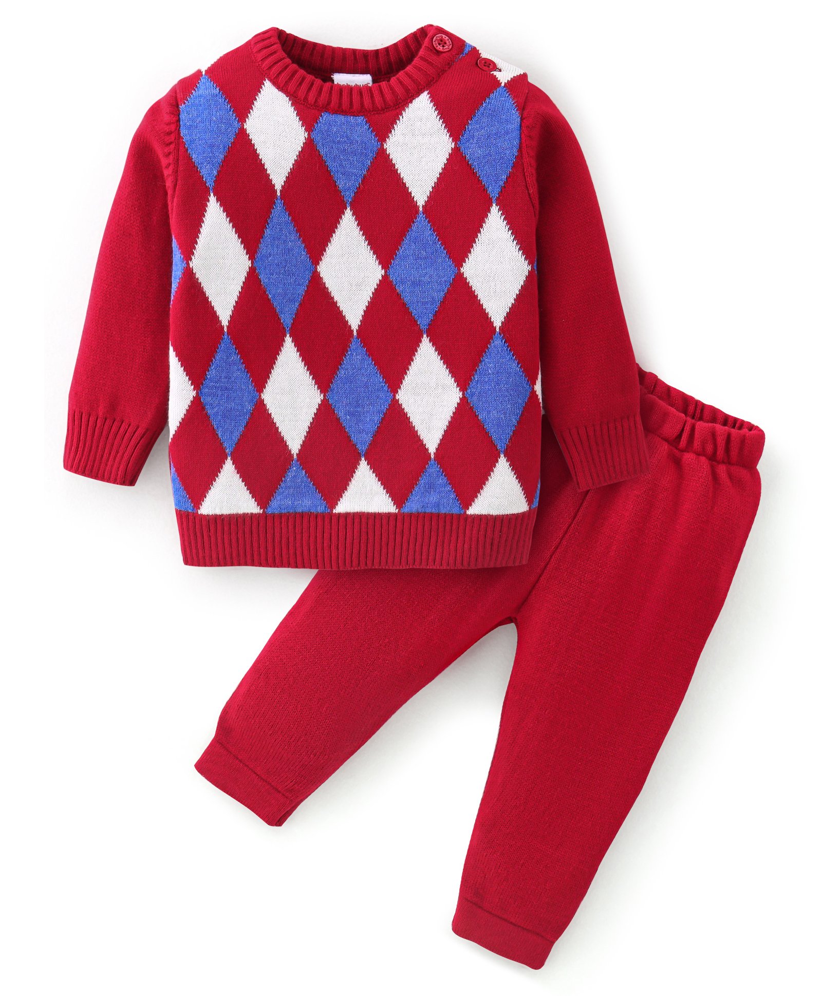Babyhug Knitted Full Sleeves Sweater Set With Diamond Design - Red-image-7