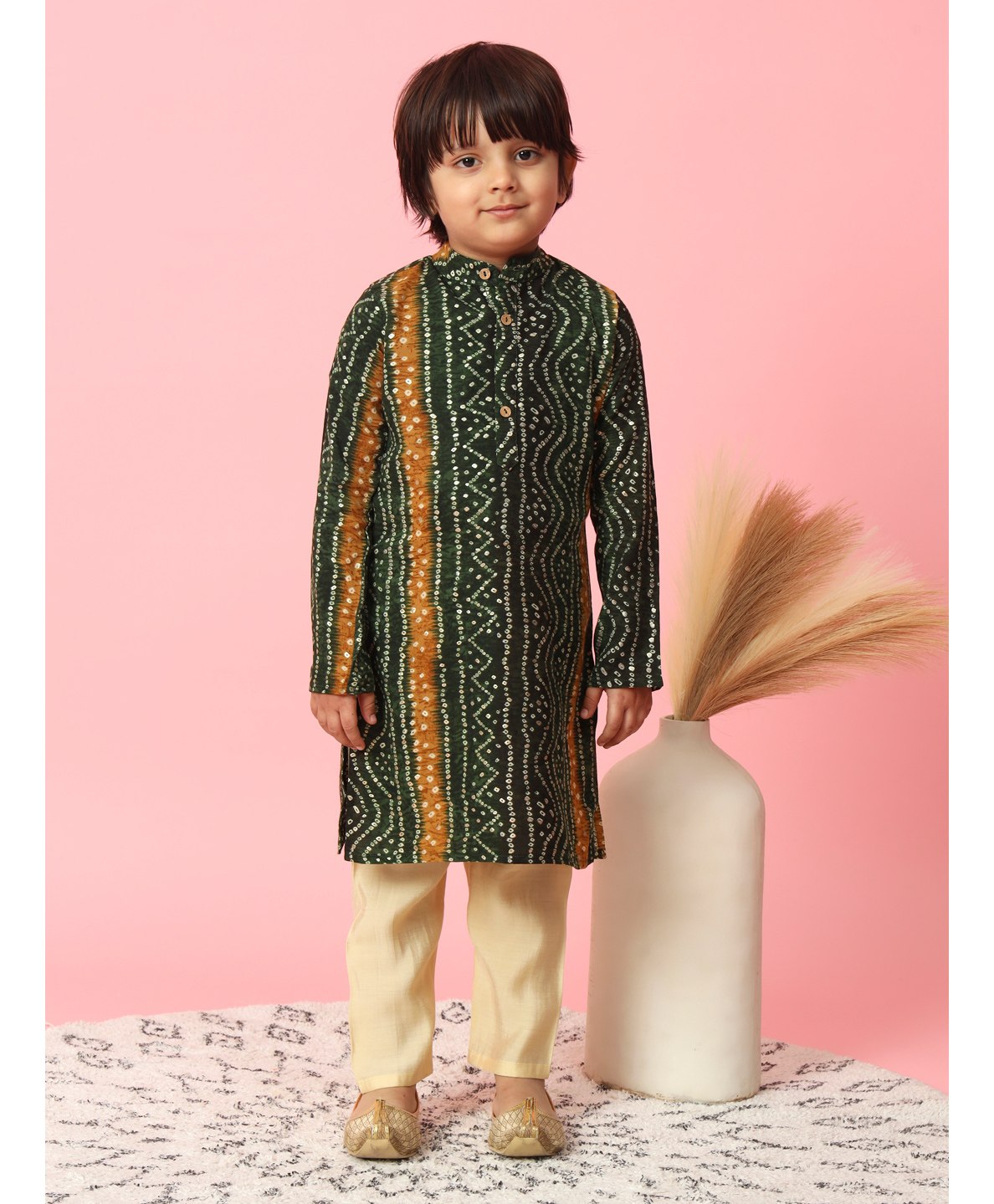 READIPRINT Full Sleeves Bandhani Design Kurta & Pyjama -Green-image-33