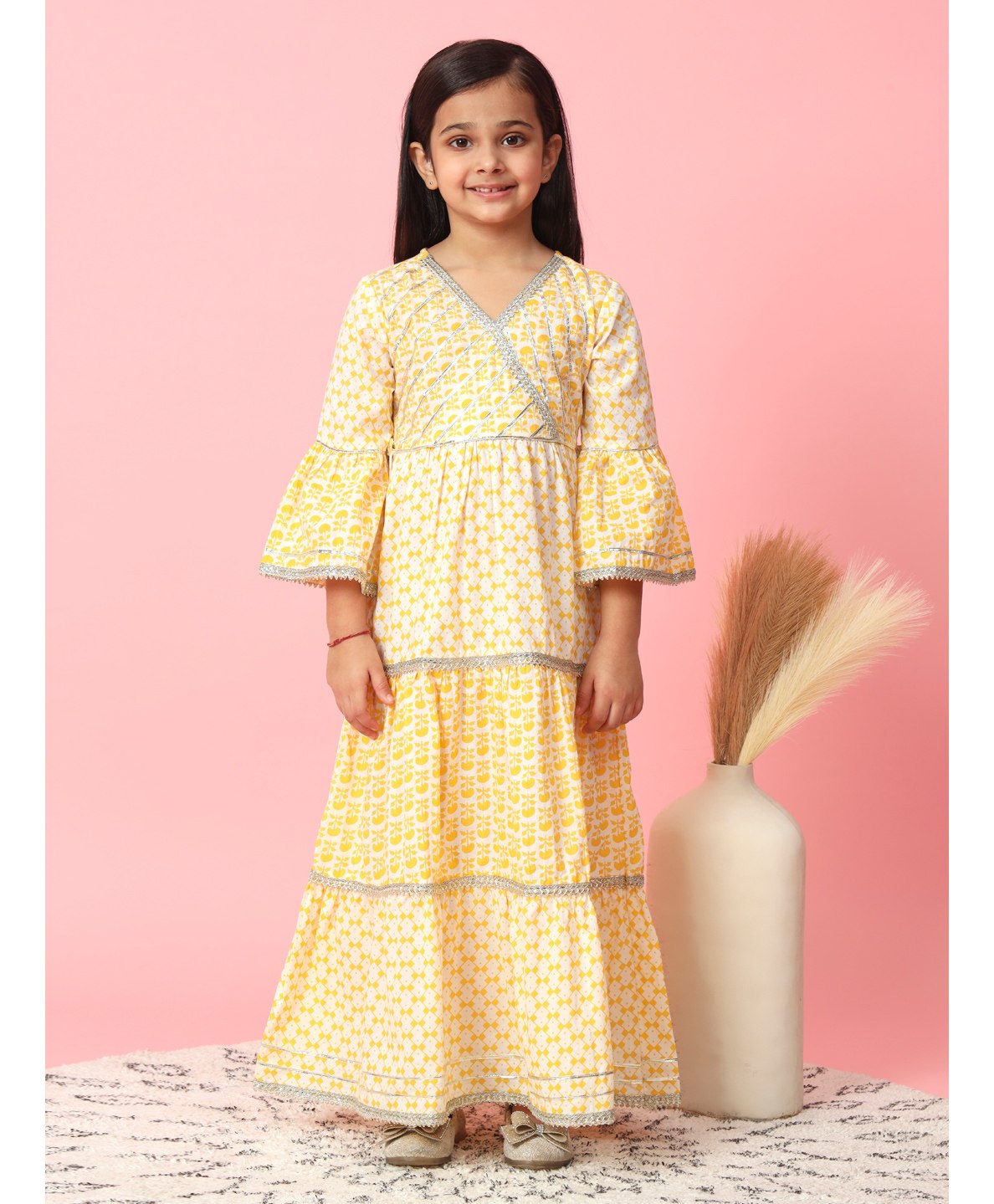 READIPRINT Three Fourth Bell Sleeves Abstract Cubic & Floral Printed With Gota Lace Embellished Ethnic Tiered Dress - Yellow-image-1