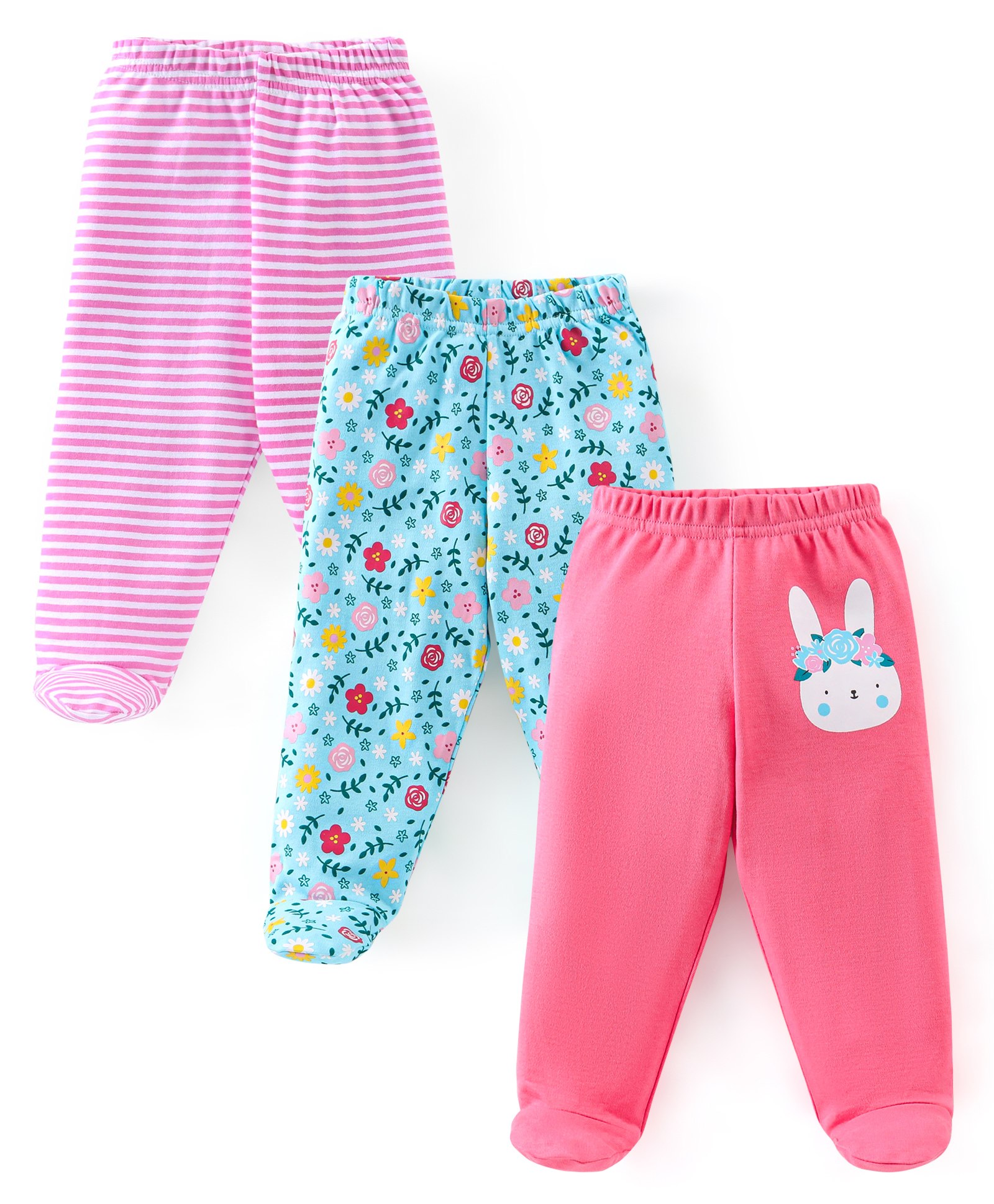 Babyhug Cotton Knit Footed Bootie Leggings Striped Pack of 3 - Blue & Pink-image-45