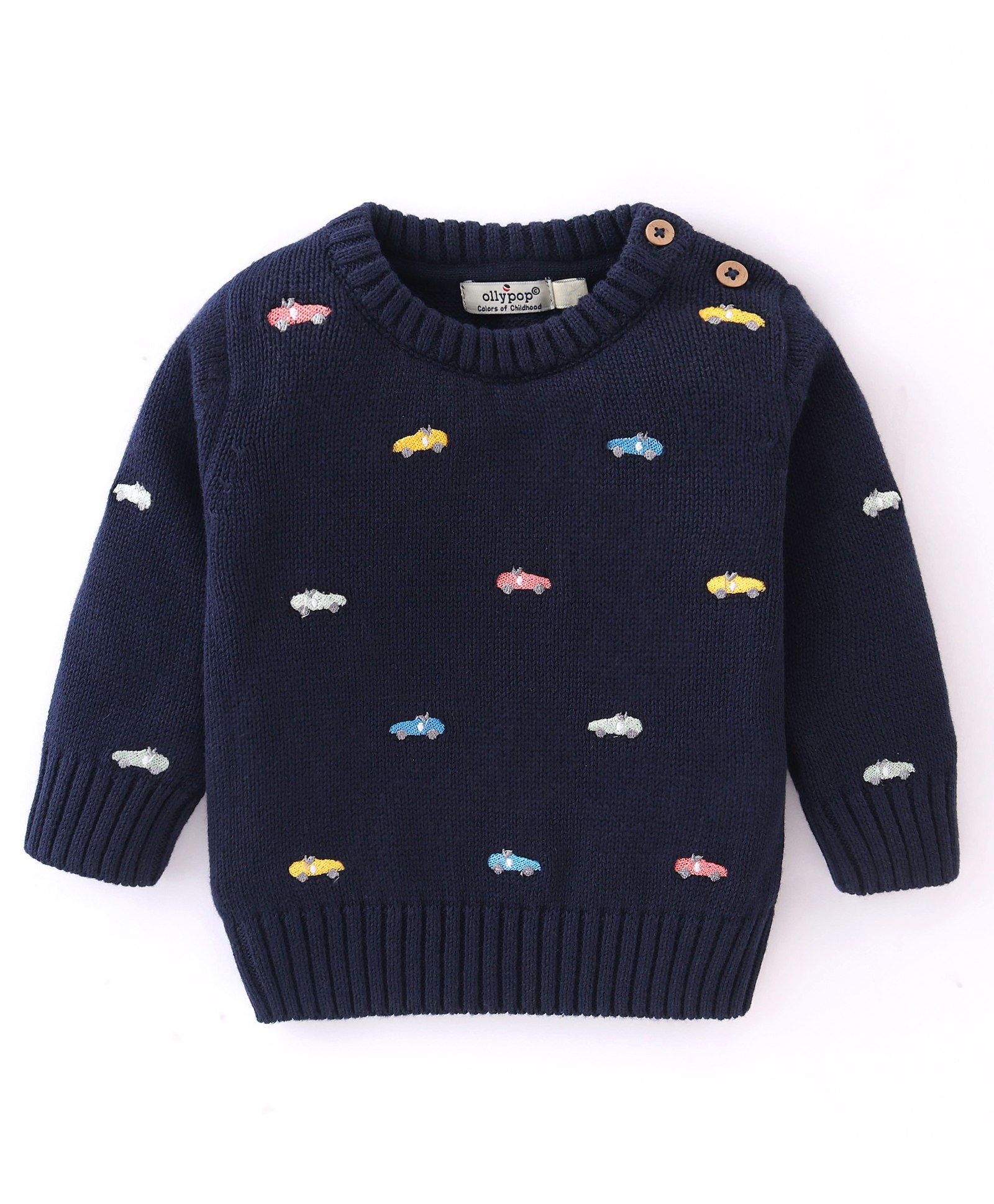 OLLYPOP Knitted Full Sleeves Sweater With Car Embroidery - Navy Blue-picture-11