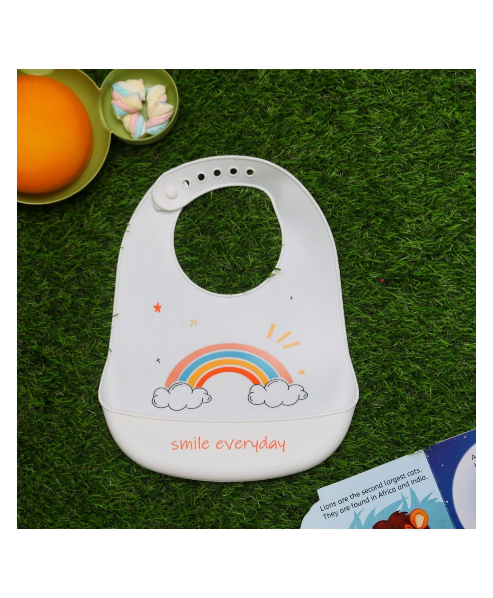 Yellow Bee Silicone  Rainbow Print Bib with Crumb Catcher and Adjustable Closure for Girls - White-image-16