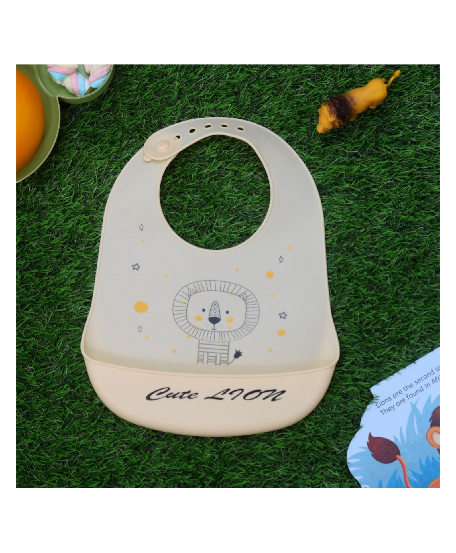 Yellow Bee Silicone Lion Print Bib  with Crumb Catcher and Adjustable Closure for Boys - Cream-image-12