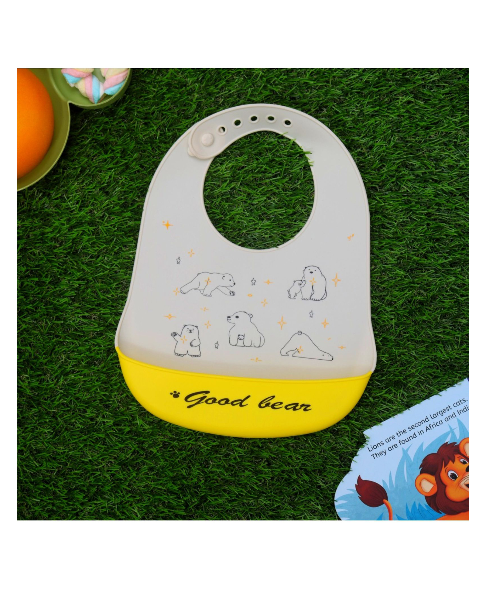 Yellow Bee Silicone Bear Print Bib with Crumb Catcher and Adjustable Closure for Boys - Cream and Yellow-image-14