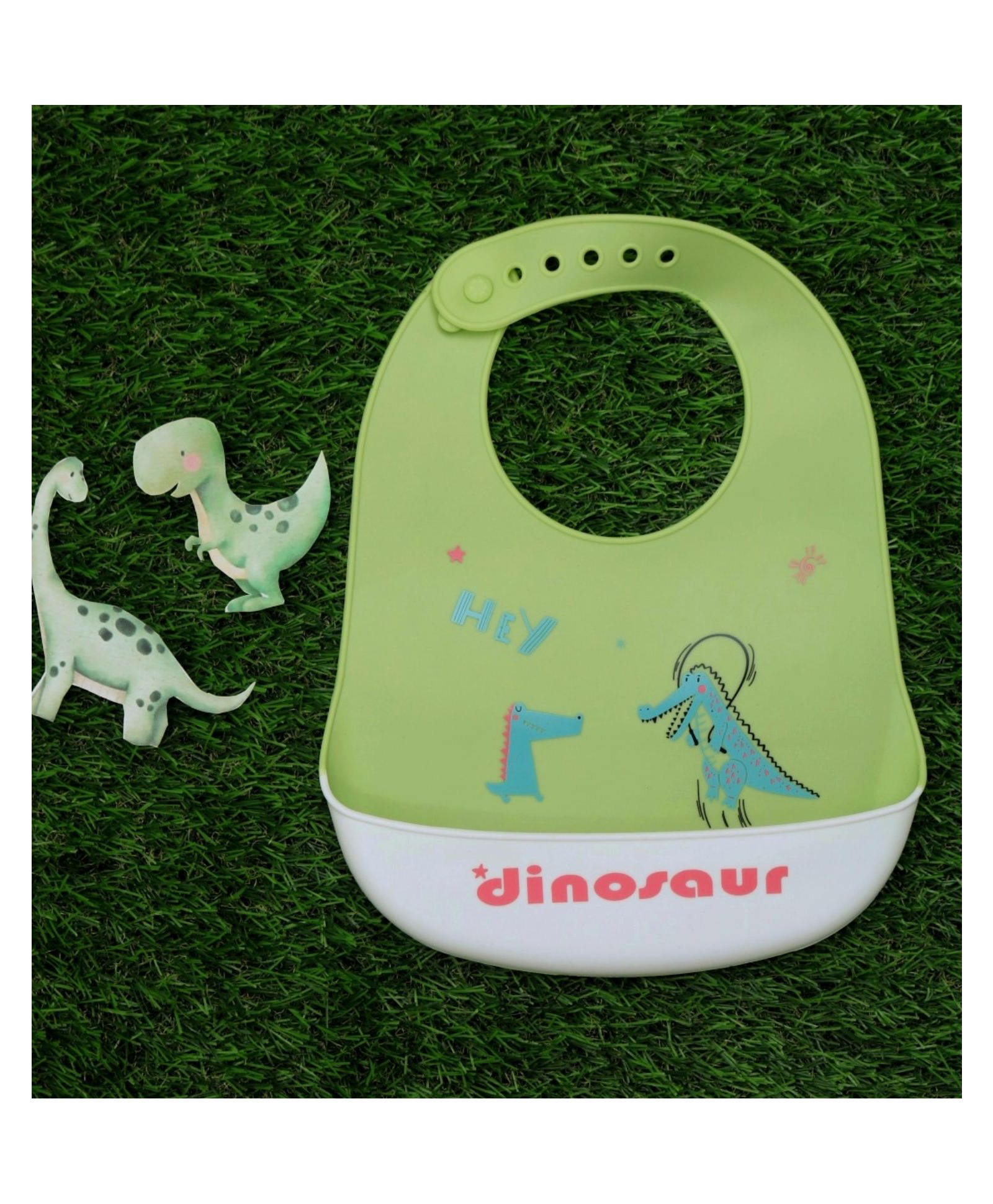 Yellow Bee Silicone Dinosaur Print Bib with Crumb Catcher and Adjustable Closure for Boys - Green and White-image-43