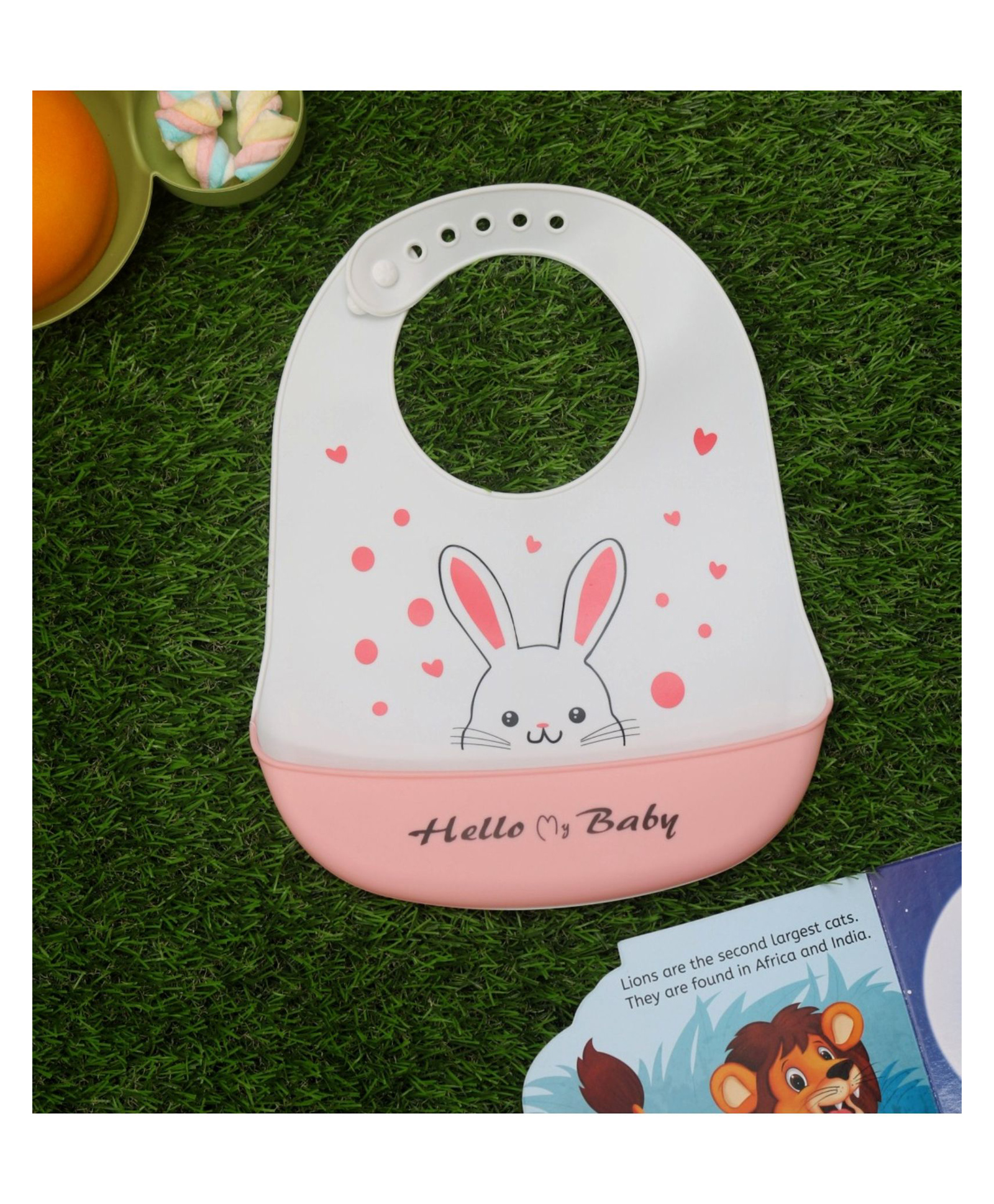 Yellow Bee Silicone Bunny Print Bib with Crumb Catcher and Adjustable Closure for Girls - White and Pink-image-27