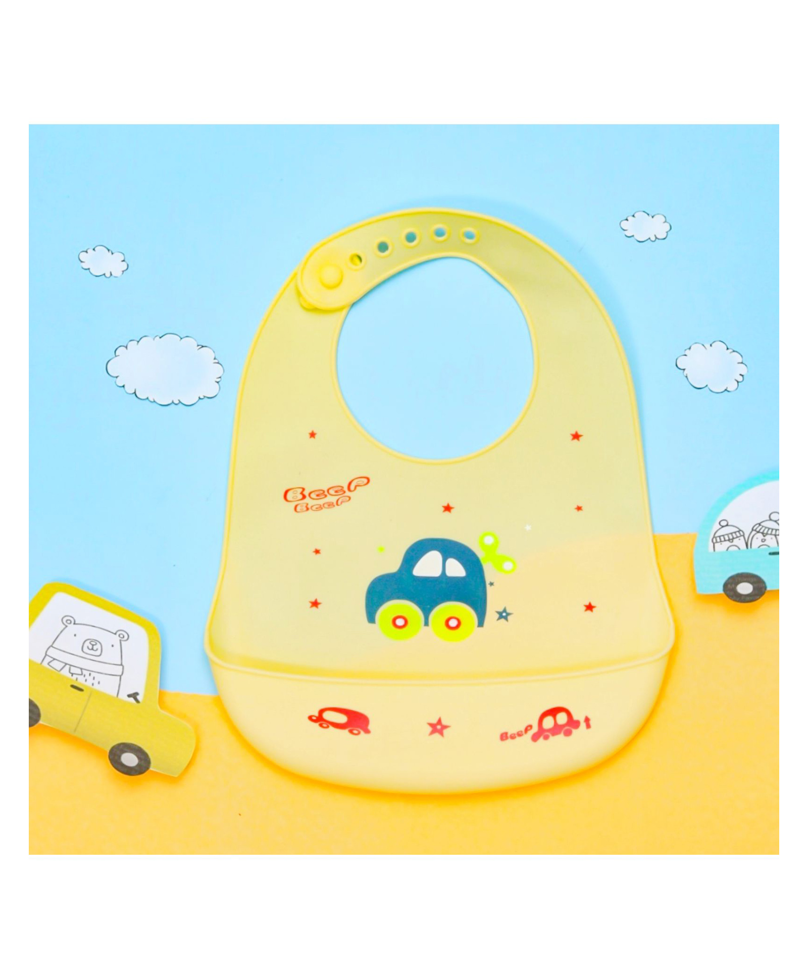 Yellow Bee Silicone Car Print Bib with Crumb Catcher and Adjustable Closure for Boys Yellow-image-30