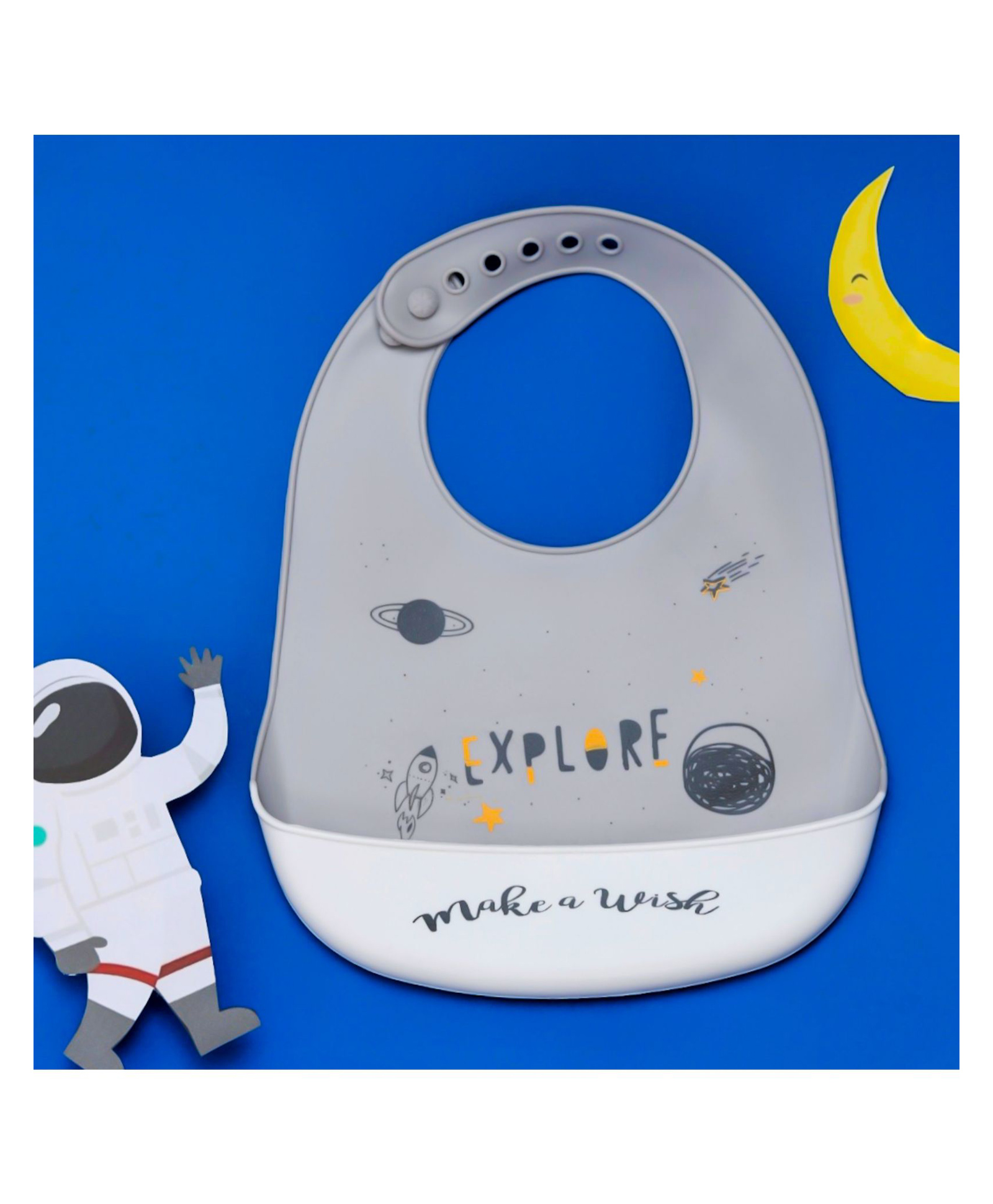 Yellow Bee Silicone Space Theme Bib with Crumb Catcher and Adjustable Closure for Boys - Grey-image-9