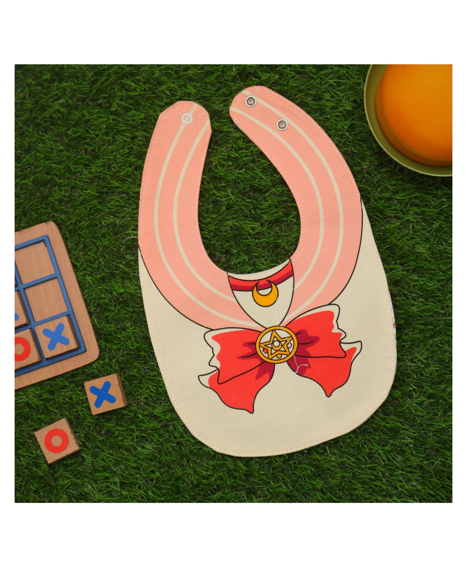 Yellow Bee Cotton Bow and Floral Print Reversible Bib with Double Closure for Girls - Cream and Peach-picture-34