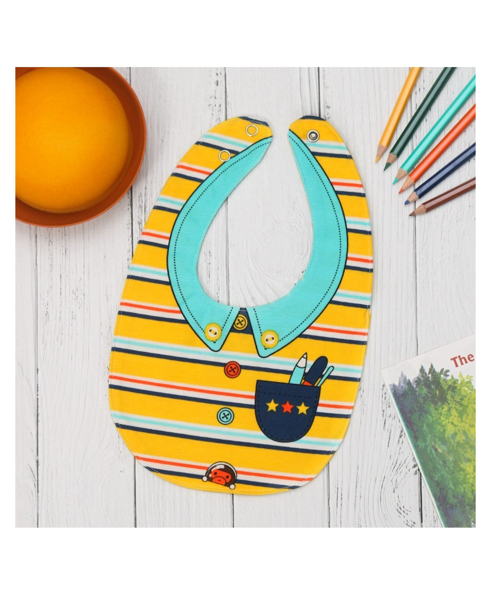 Yellow Bee Cotton Striped and Shirt Pattern Reversible Bib with Double Closure for Boys Yellow and Blue-image-33