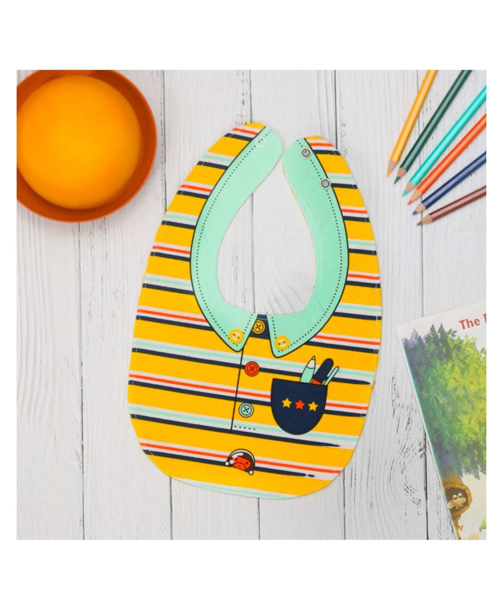 Yellow Bee Cotton Striped and Shirt Pattern Reversible Bib with Double Closure for Boys - Yellow and Green-picture-16