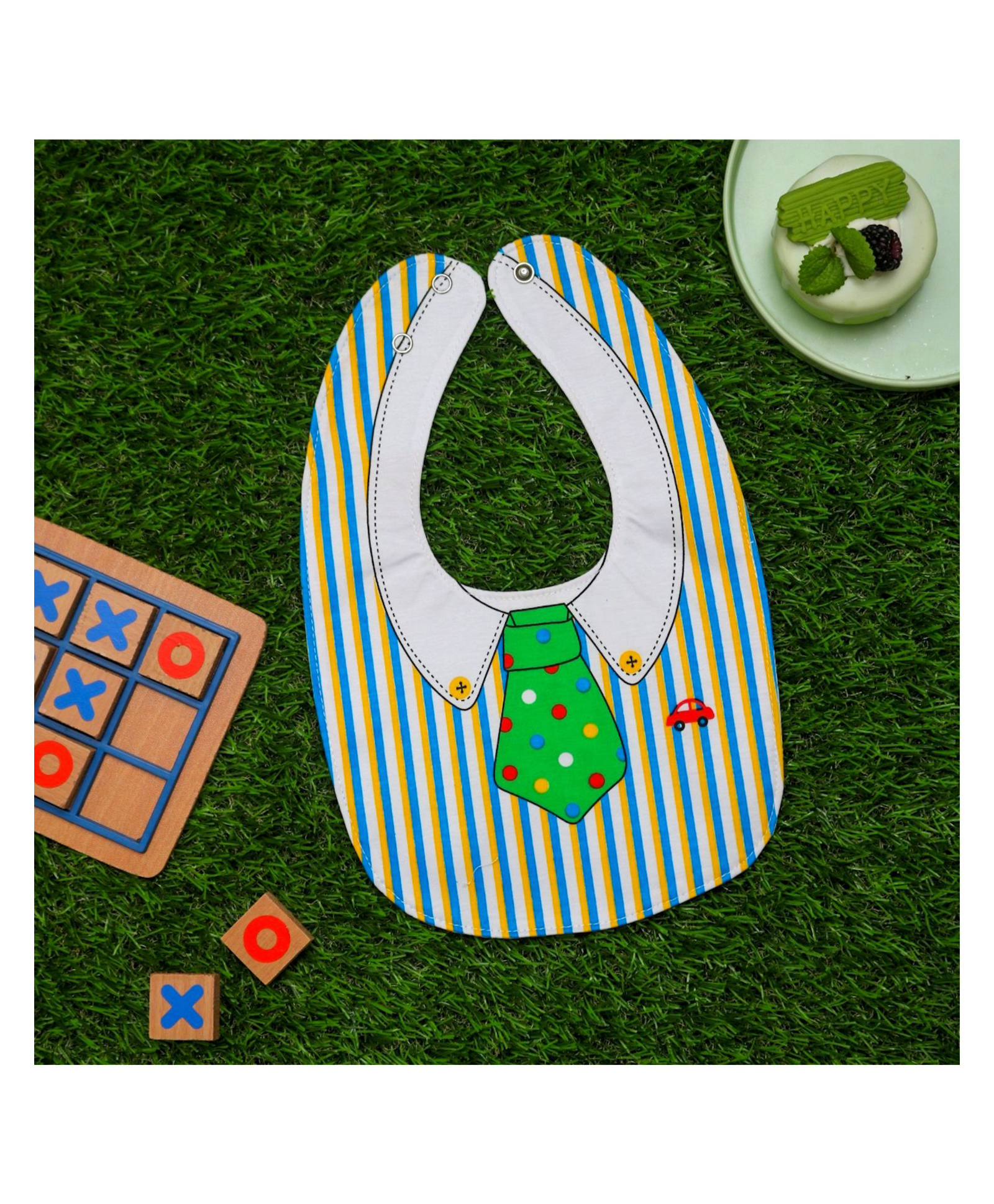 Yellow Bee Cotton Tie and Button Print Reversible Bib with Double Closure for Boys - Green White-image-33