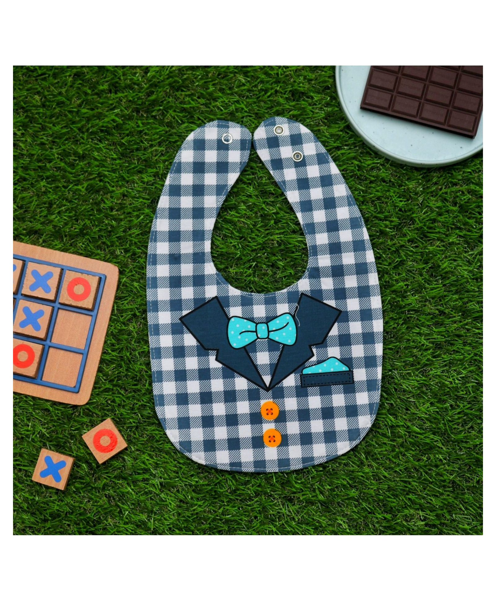 Yellow Bee Cotton Checks with Collar and Bow Pattern Reversible Bib with Double Closure and Button for Boys - Dark Blue-picture-17