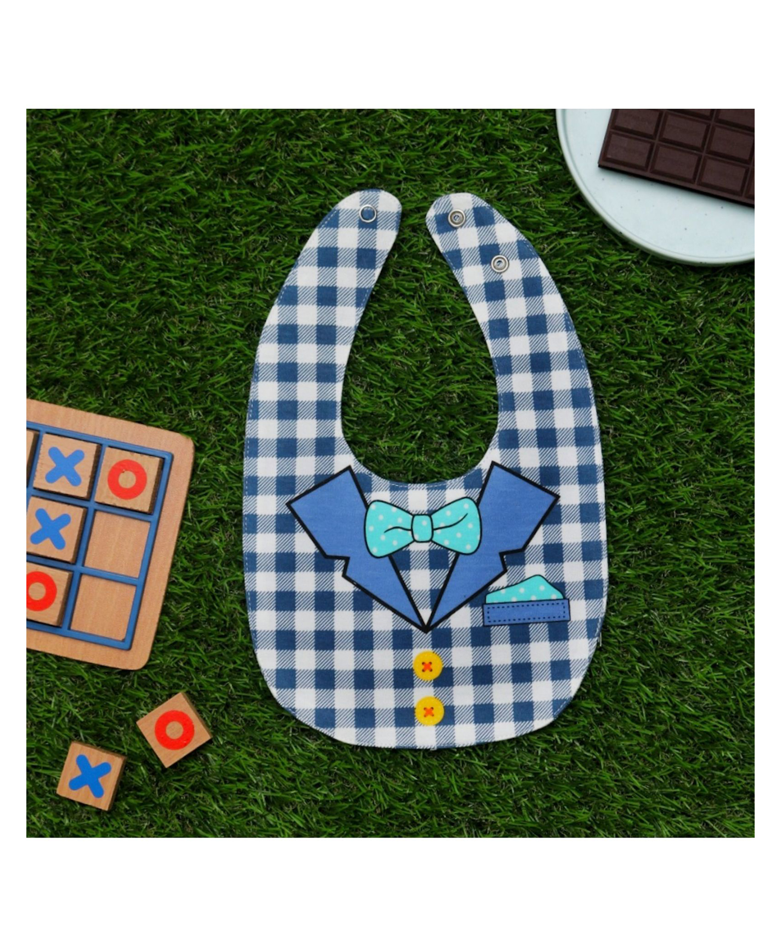 Yellow Bee Cotton Checks with Collar and Bow Print Reversible Bib with Double  Closure and Button - Blue-picture-39