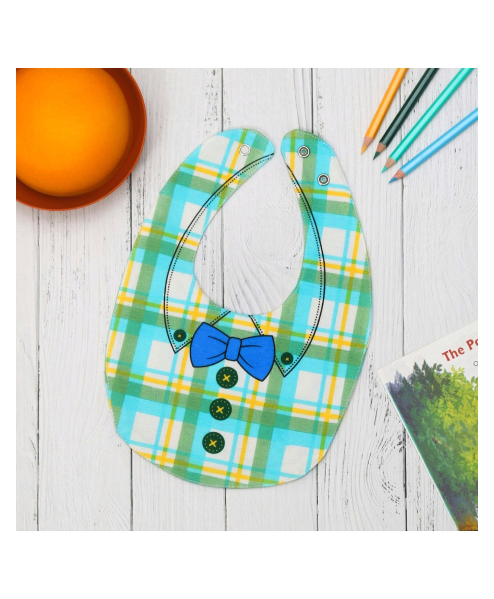 Yellow Bee Cotton Checks and Button Print Reversible Bib with Double Closure for Boys - Green and Blue-image-41