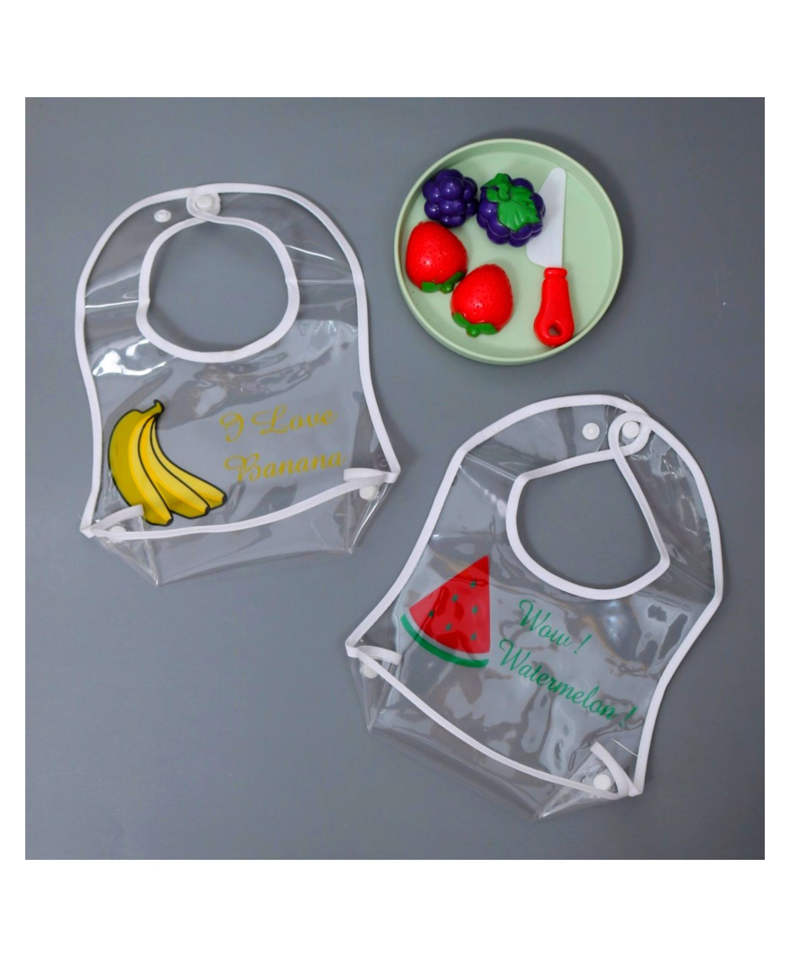 Yellow Bee Plastic Transparent Watermelon and Banana Print Bib with Double Closure Set of 2 for Girls Transparent-image-5